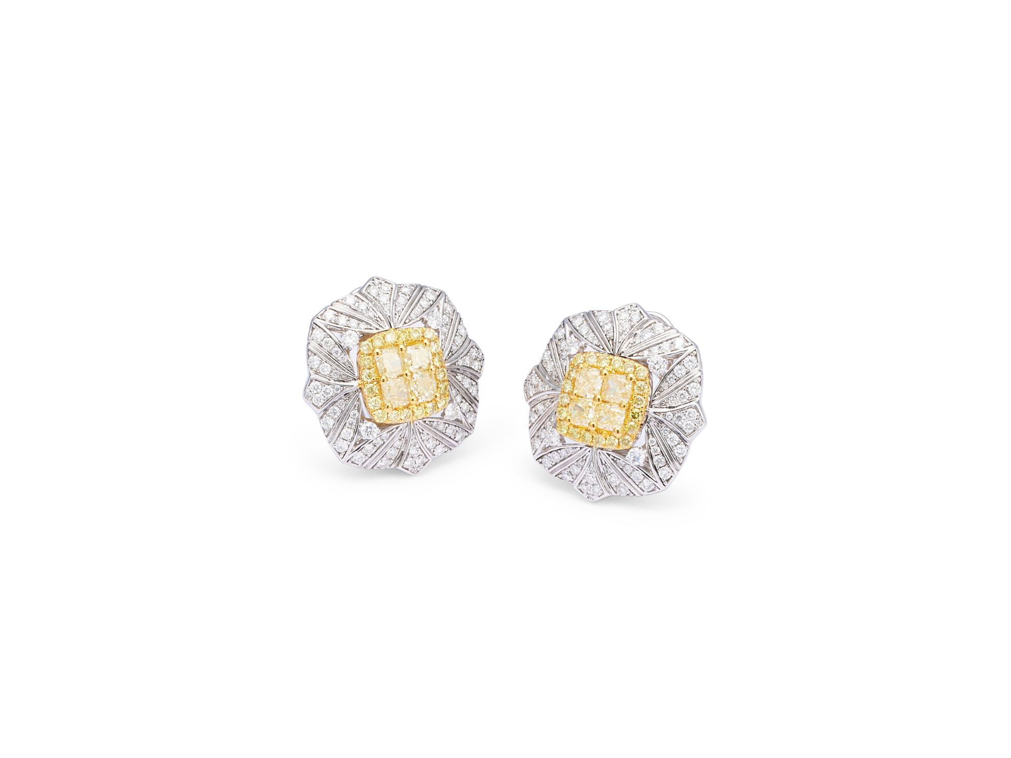 Yellow & White Diamond Vintage Look Halo Stud Earrings in 14K Yellow & White Gold, 3.90 tcw — Image 3