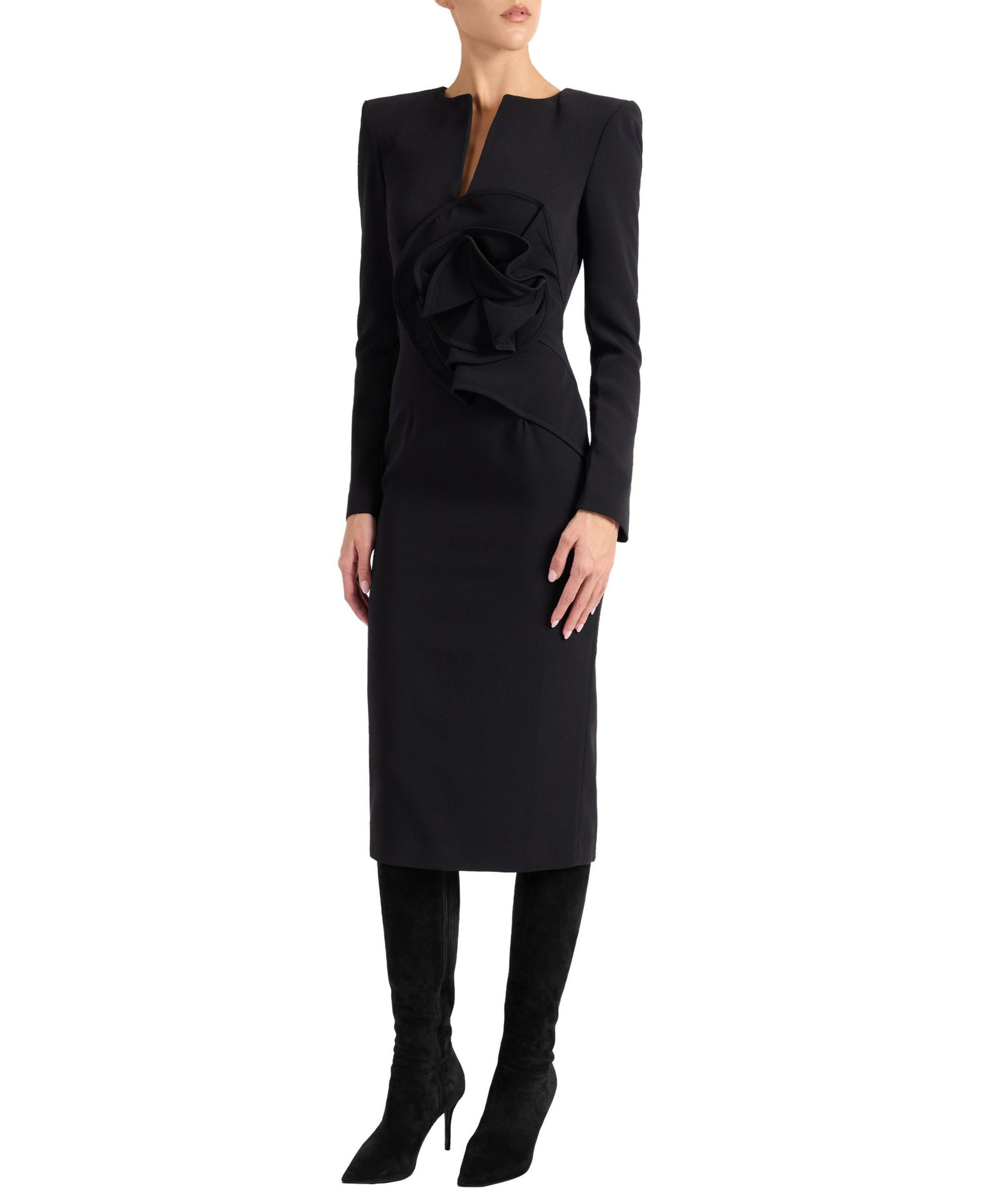 Maya Long Sleeve Midi Dress with Dramatic Floral Applique in Stretch Crepe — Image 3