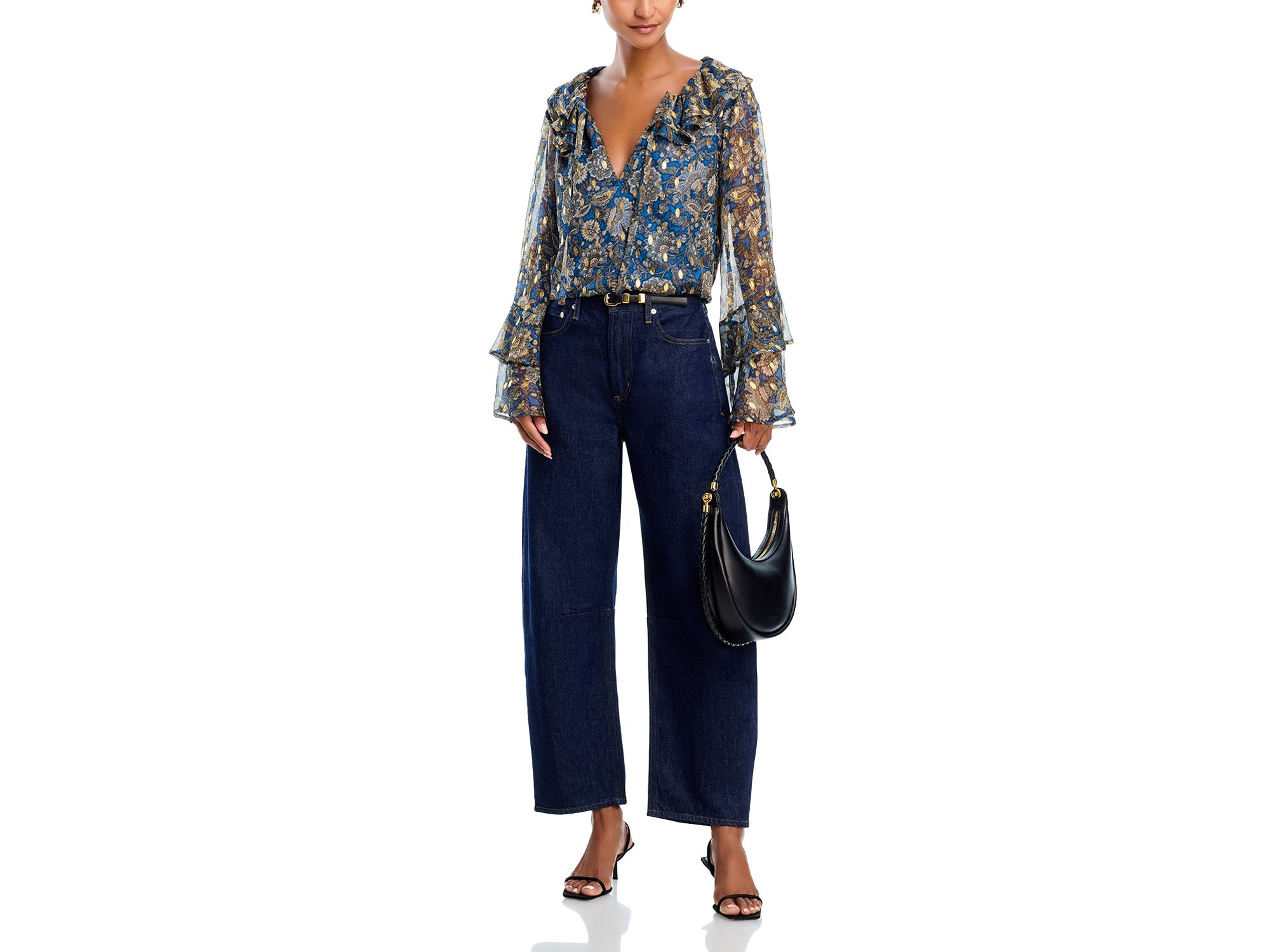 Block Floral Metallic Dot Ruffle Tie Front Blouse - Exclusive — Image 4