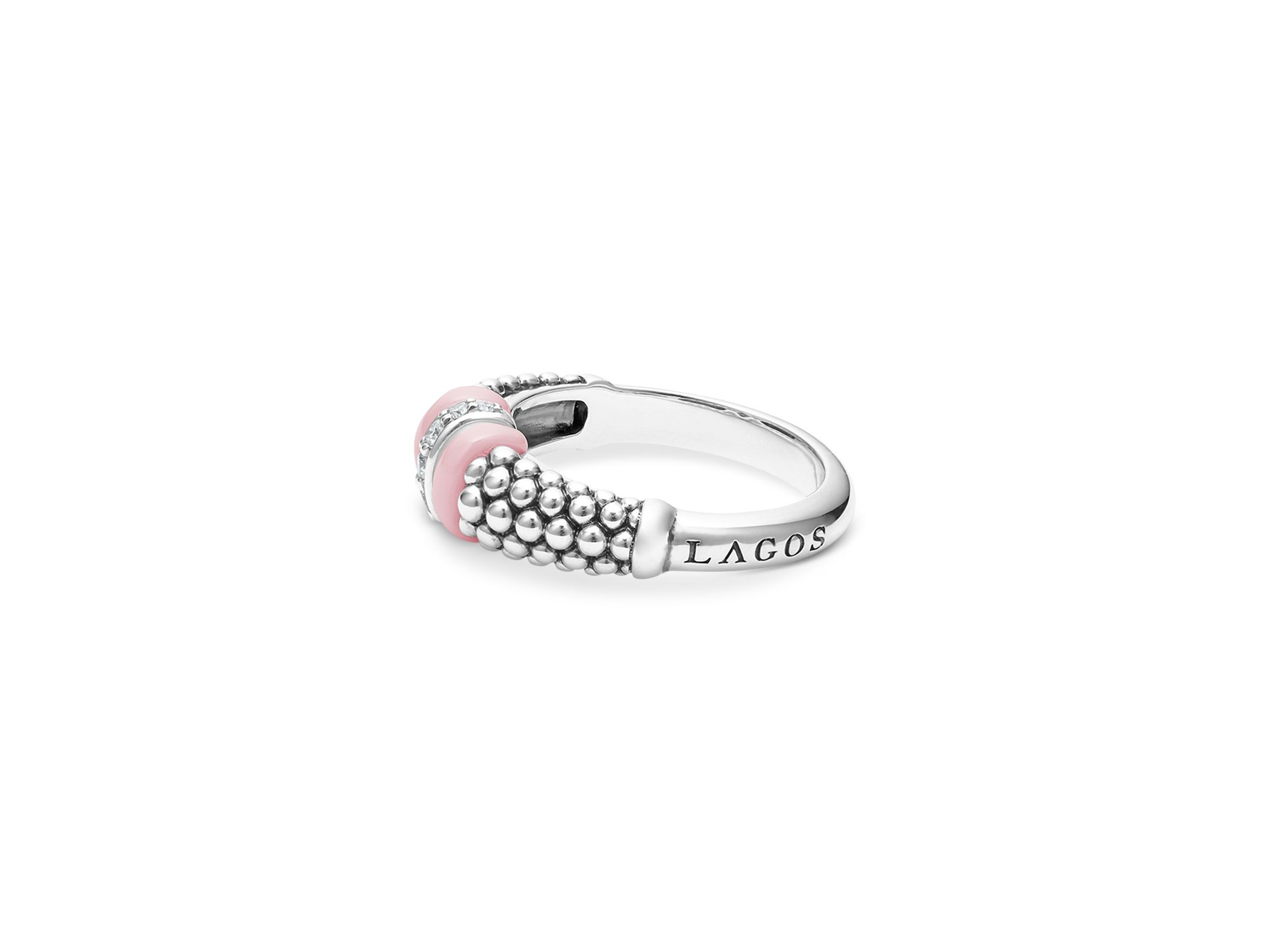 Sterling Silver Pink Caviar Diamond & Pink Ceramic Bead Statement Ring — Image 3