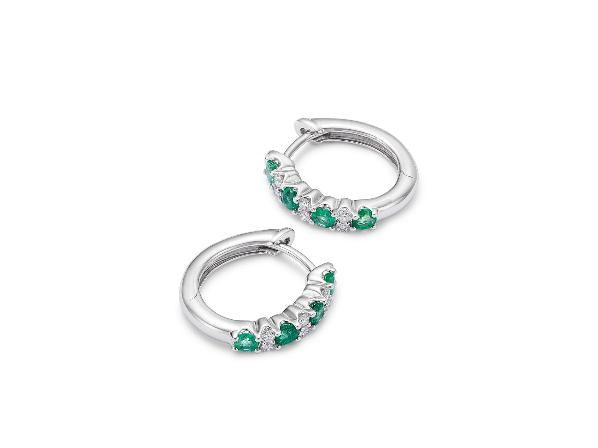 Emerald & Diamond Huggie Hoop Earrings in 14K White Gold — Image 3
