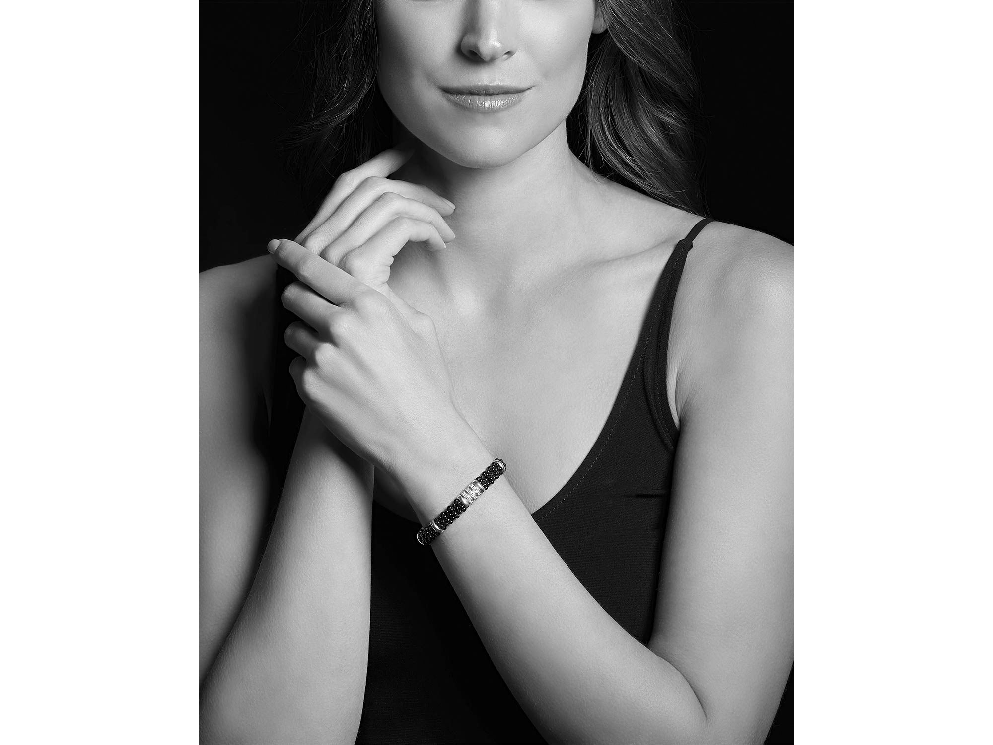Sterling Silver Black Caviar Collection Pavé Diamond & Black Ceramic Station Bracelet — Image 3