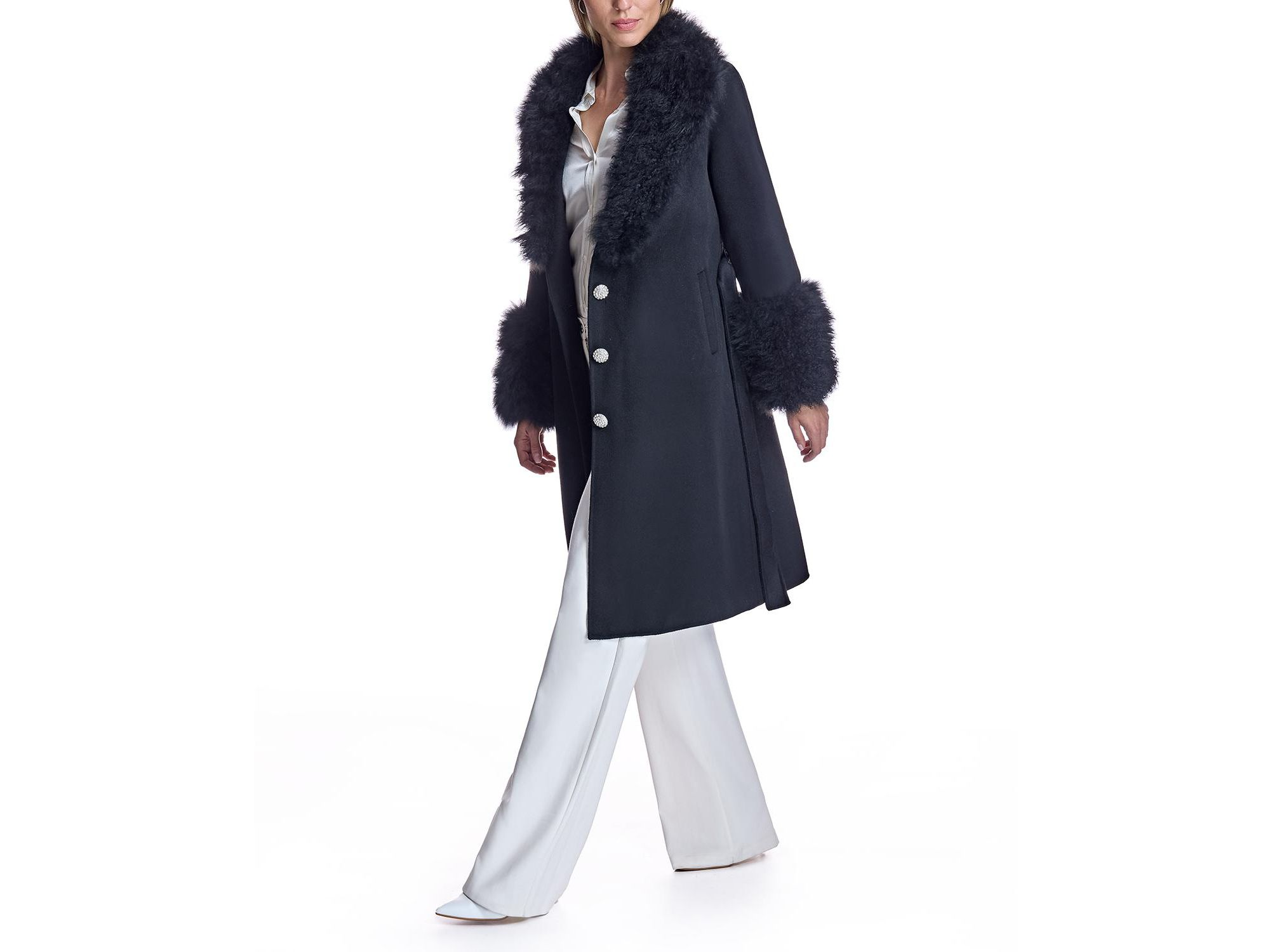 Belted Wool Coat with Rhinestone Button — Image 4