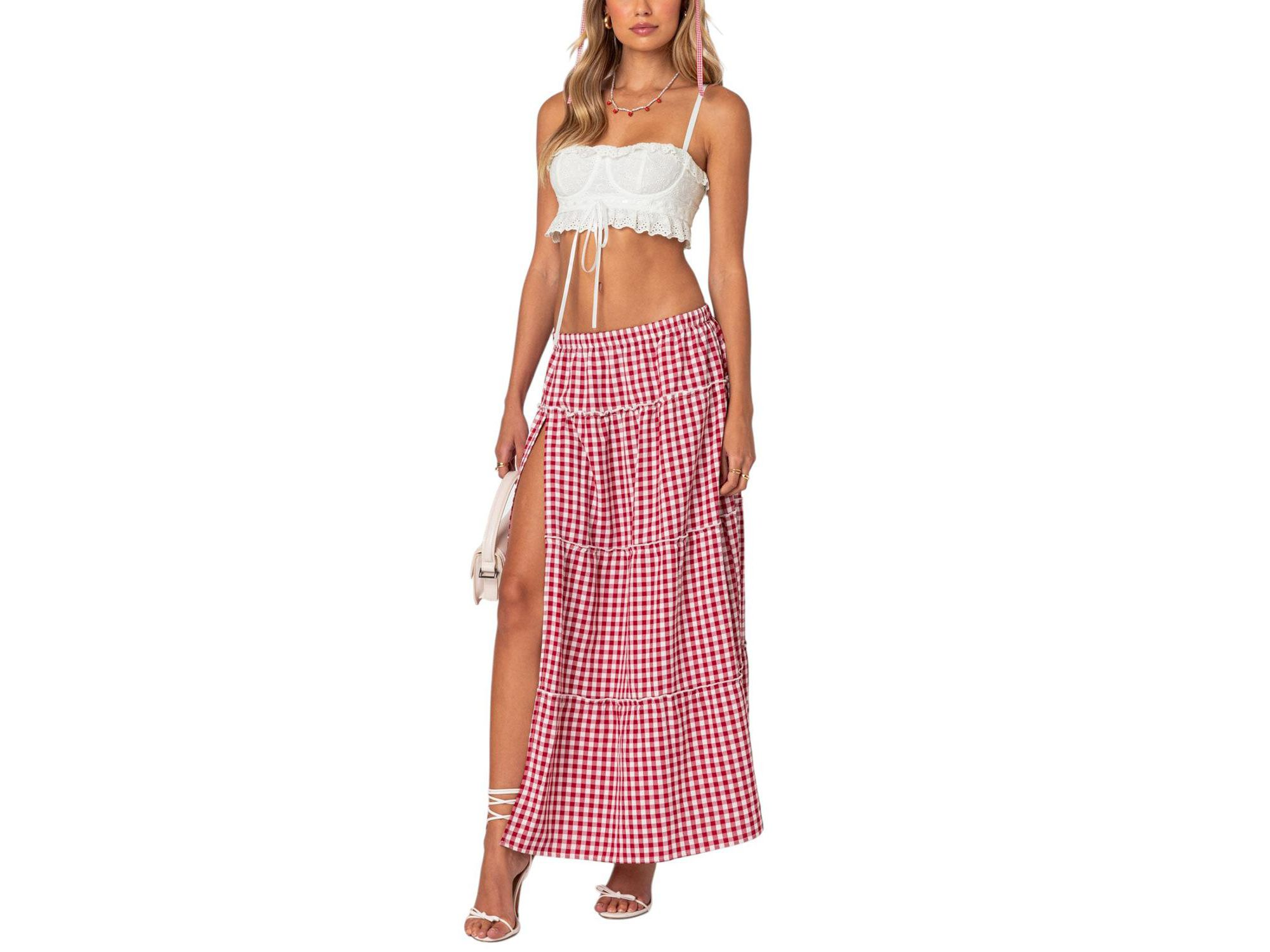 Gingham Side Slit Tiered Maxi Skirt — Image 3