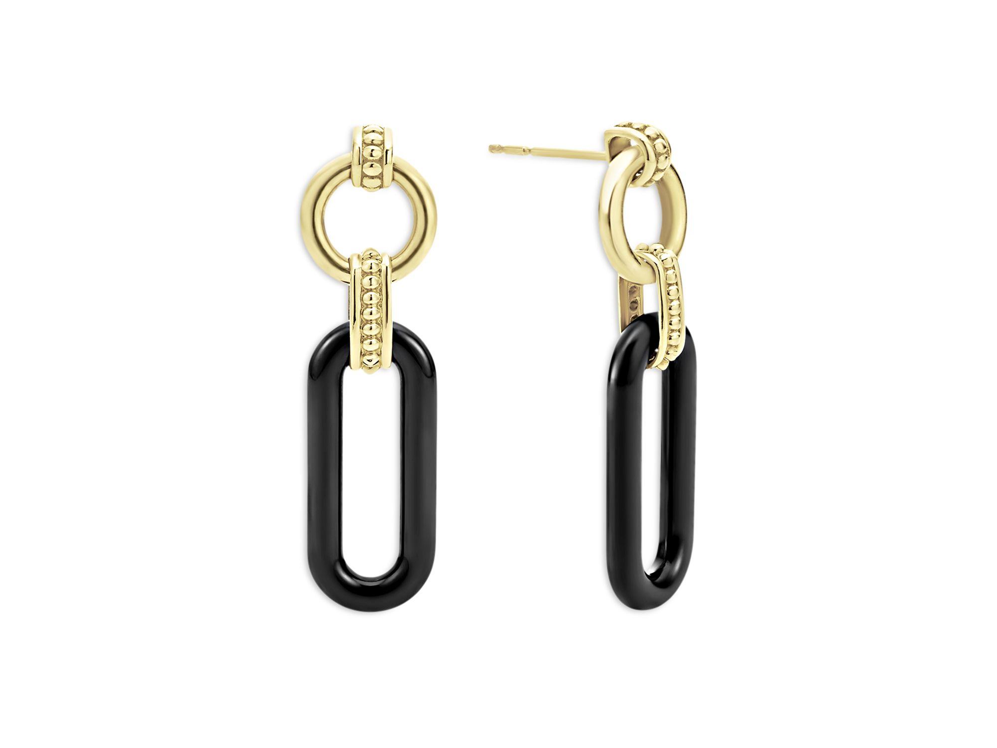 18K Yellow Gold Black Caviar Ceramic Link Drop Earrings — Image 4
