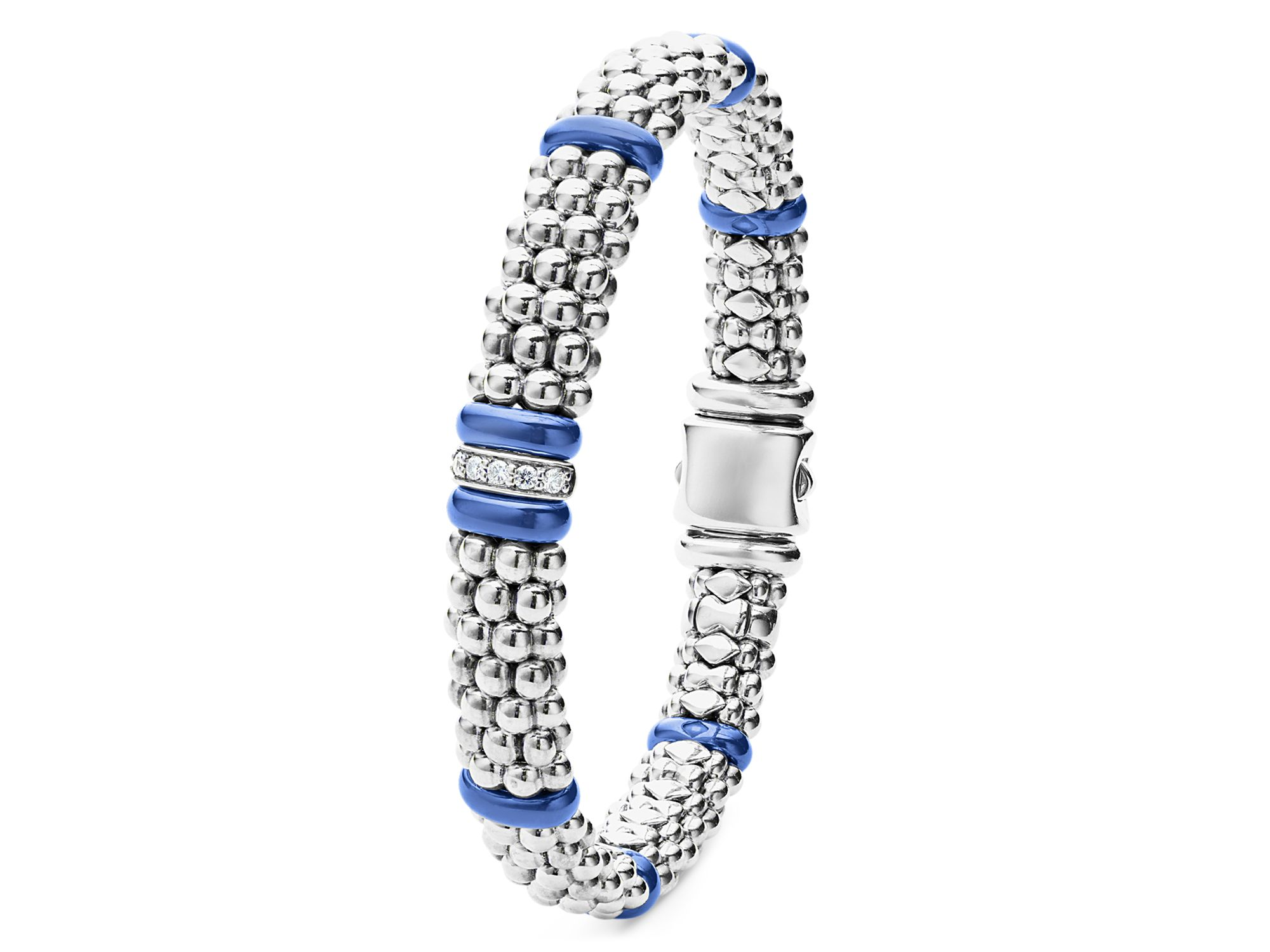 18K Yellow Gold & Sterling Silver Diamond & Ultramarine Ceramic Rondelle & Caviar Bead Statement Bracelet — Image 3