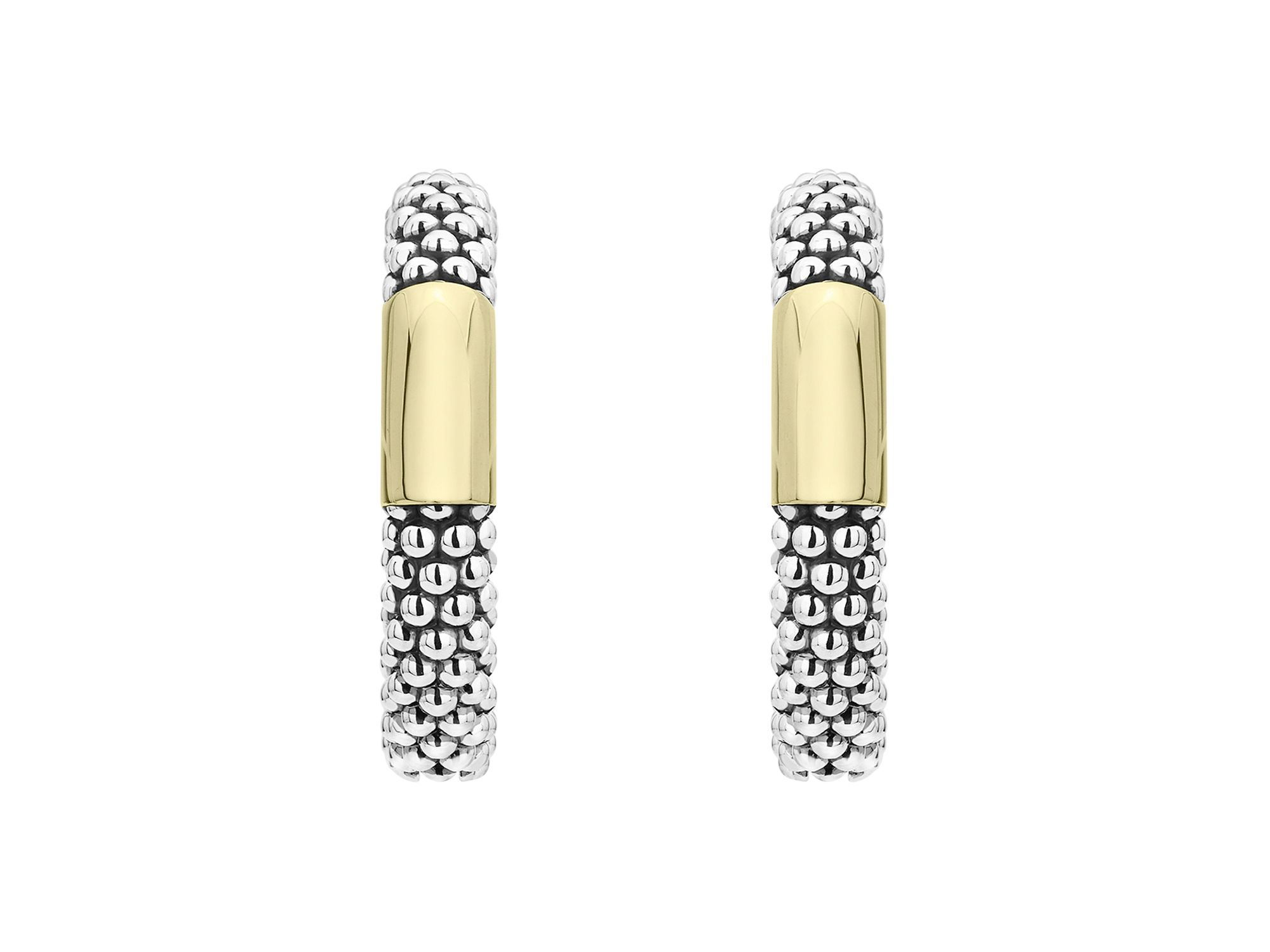 18K Yellow Gold & Sterling Silver Caviar High Bar Hoop Earrings — Image 3
