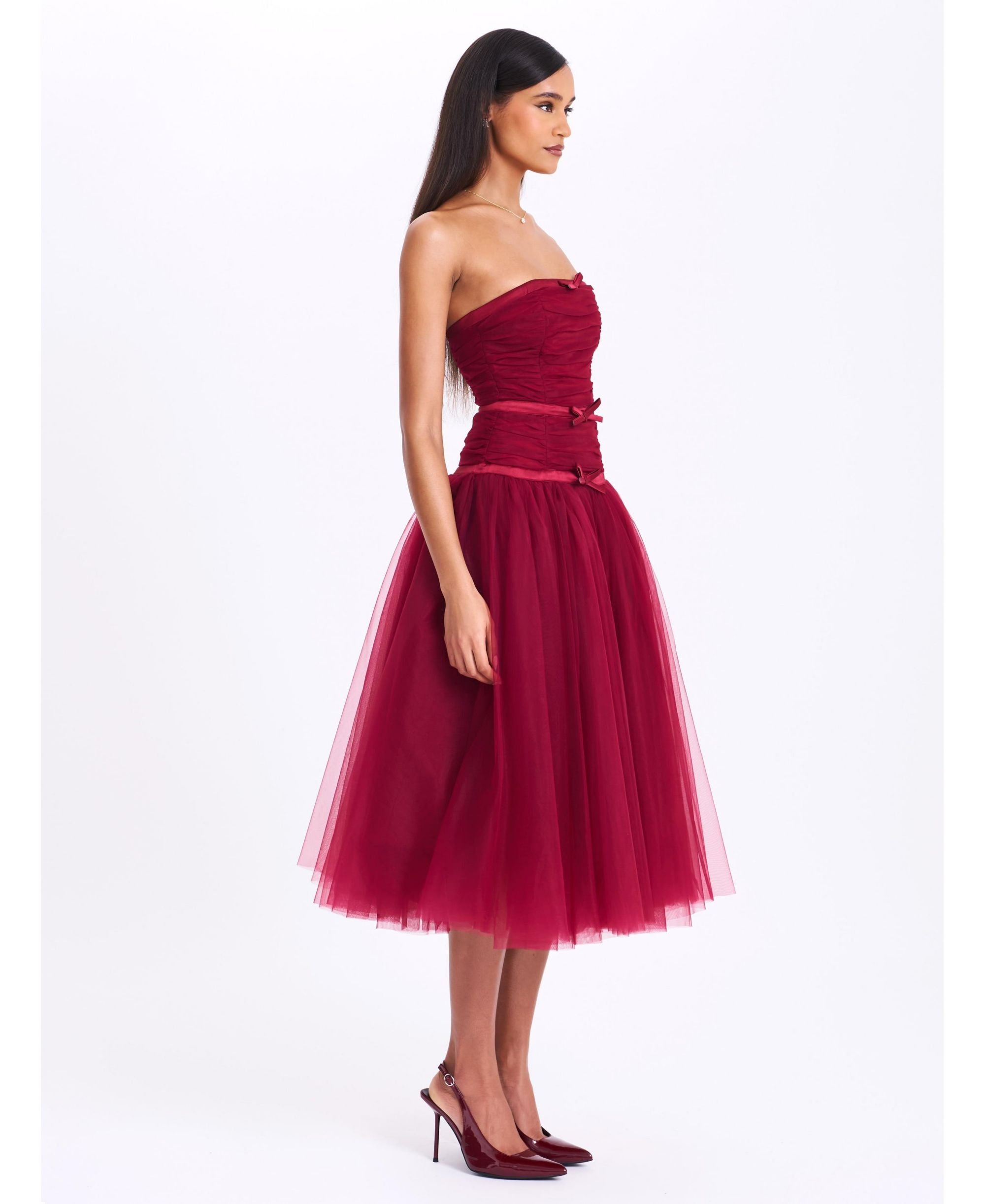Mabel Drop Waist Layered Mesh Midi Puffy Dress with Bow — Image 11