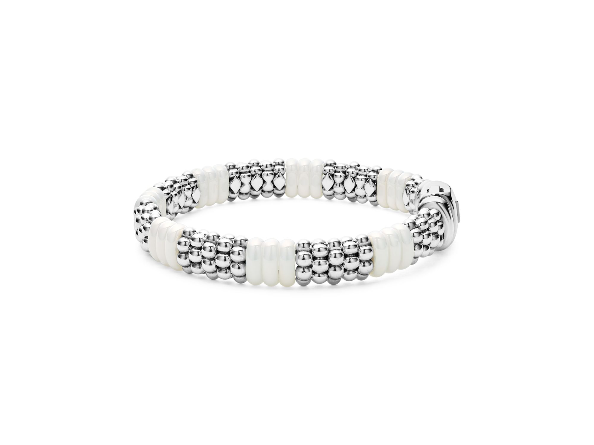 18K Yellow Gold & Sterling Silver White Ceramic Rondelle & Caviar Bead Statement Bracelets — Image 5