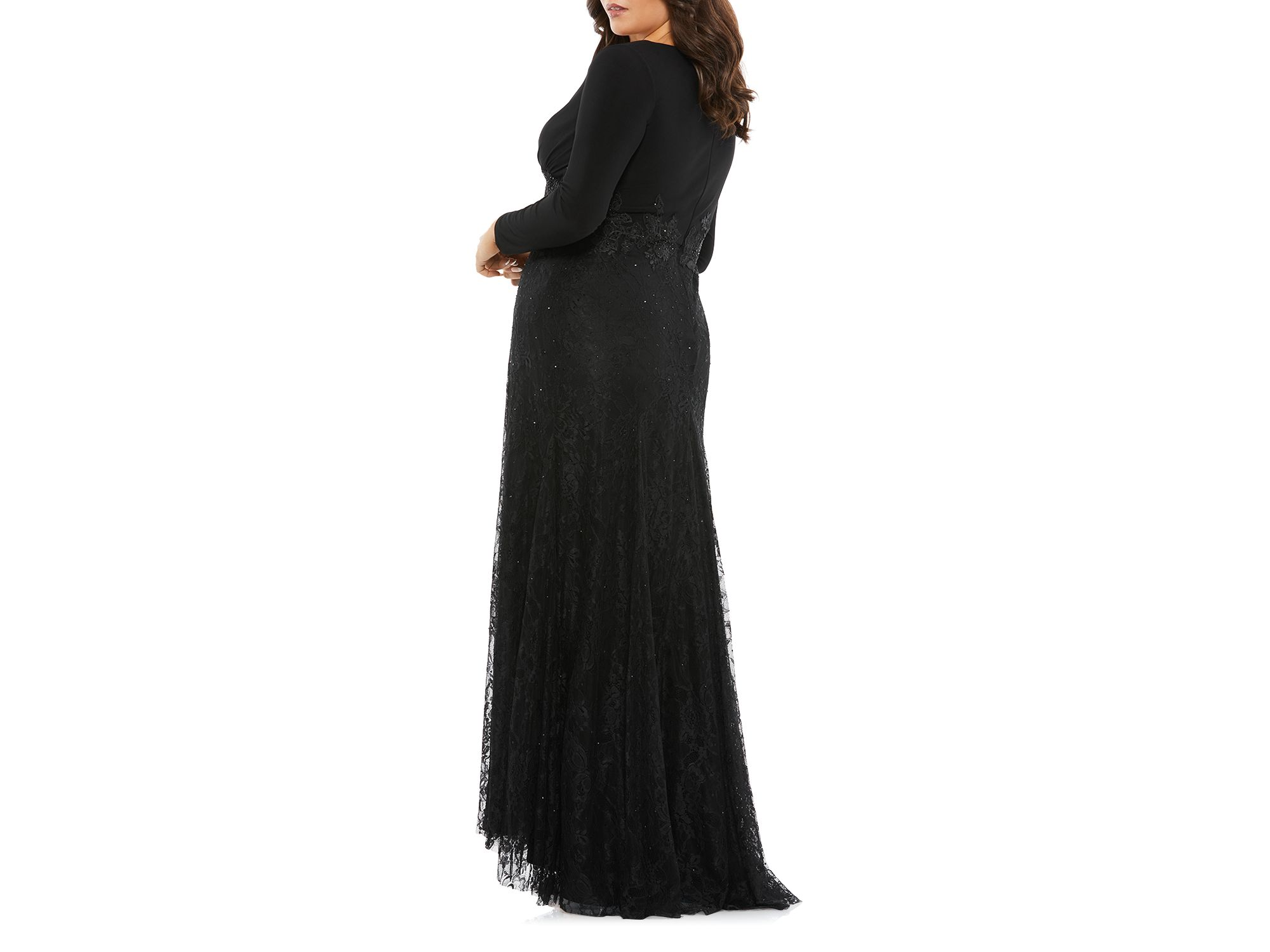Plus Wrap-Over Long Sleeve Lace Applique Trumpet  Gown — Image 3
