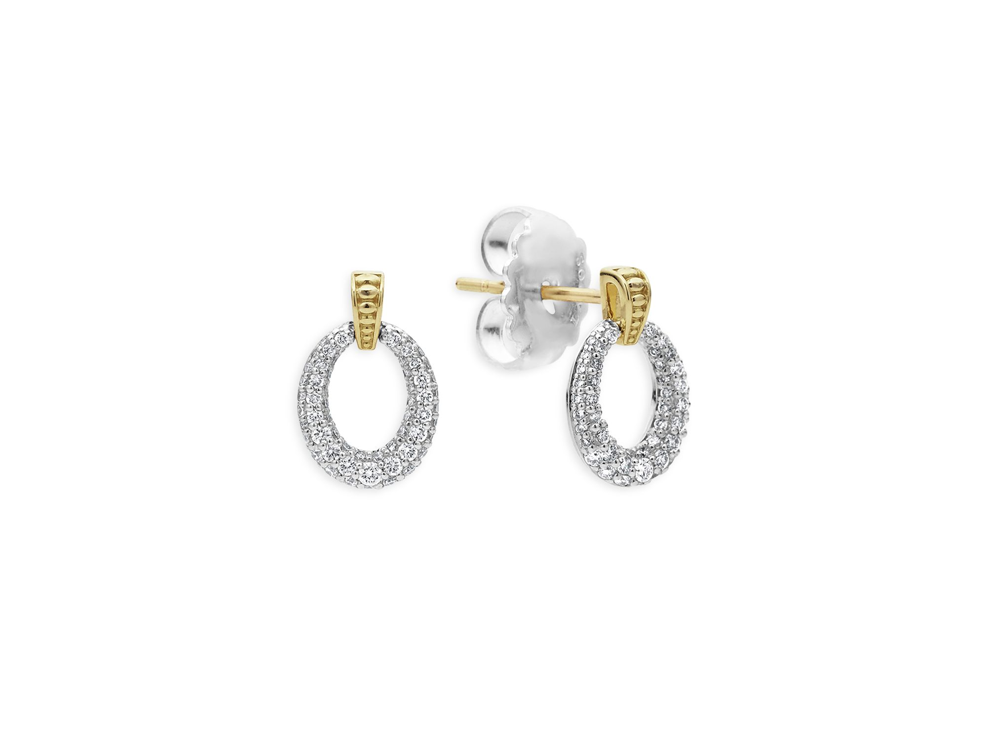 Sterling Silver & 18K Gold Caviar Lux Diamond Oval Drop Earrings — Image 3
