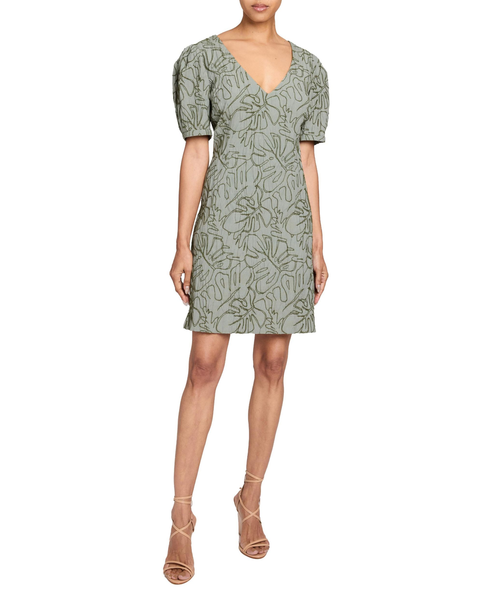 BIANCA A-Line Shift Dress with Puff Sleeves in Abstract Stretch Cotton Cloque - Image 1