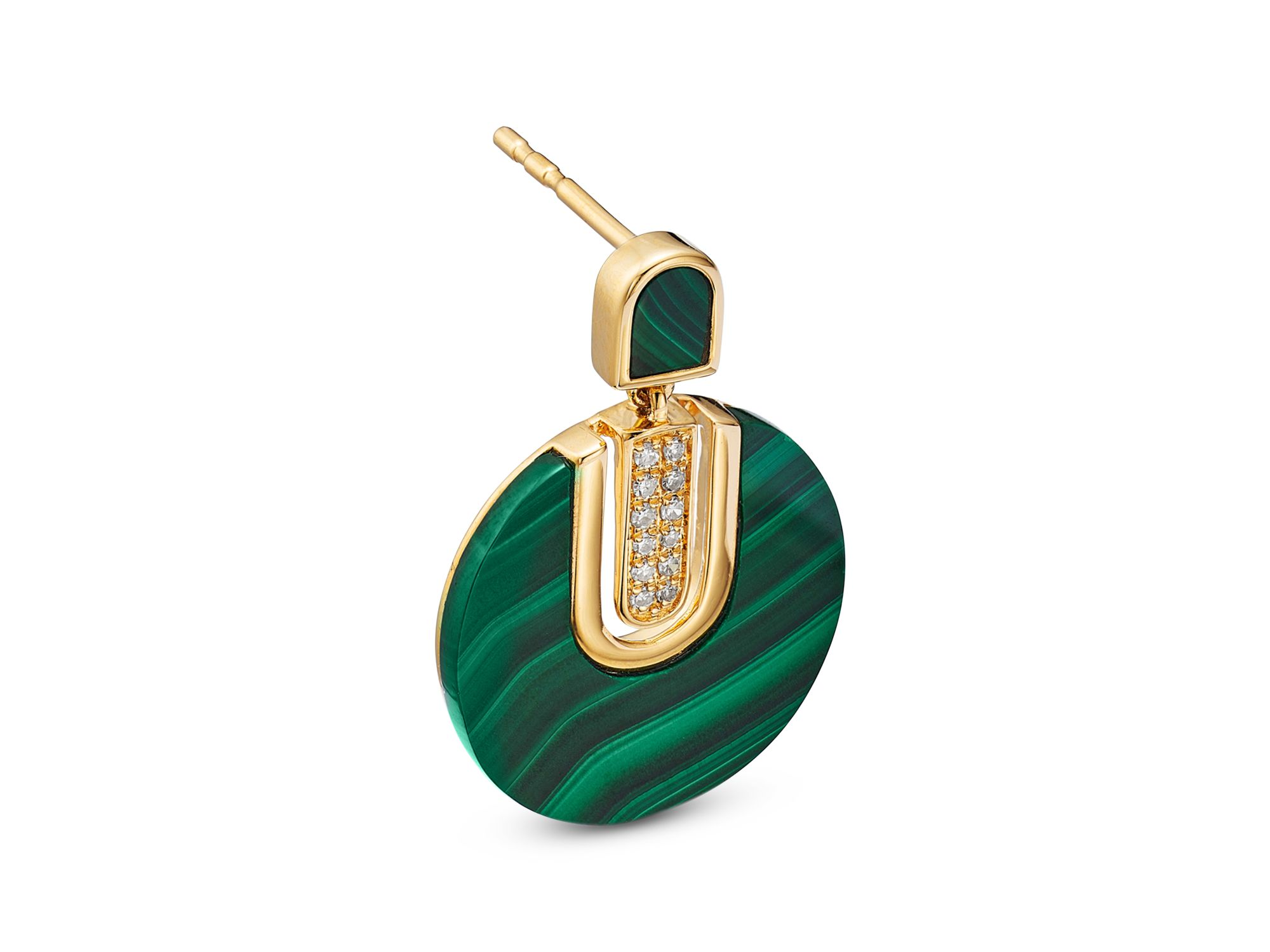 14K Yellow Gold Malachite Art Deco Drop Earrings with Diamonds, 0.08 tcw — Image 3