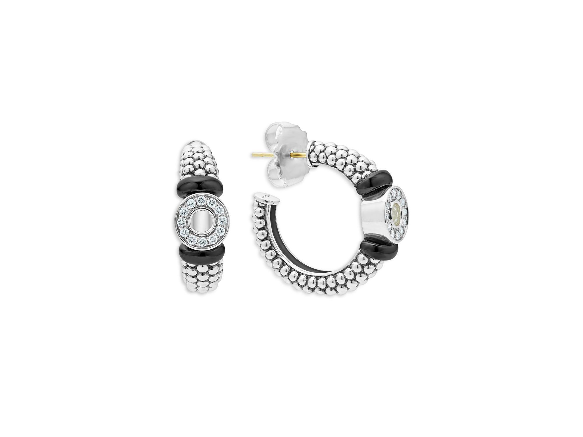 Sterling Silver Black Caviar Ceramic & Diamond Circle Hoop Earrings — Image 3