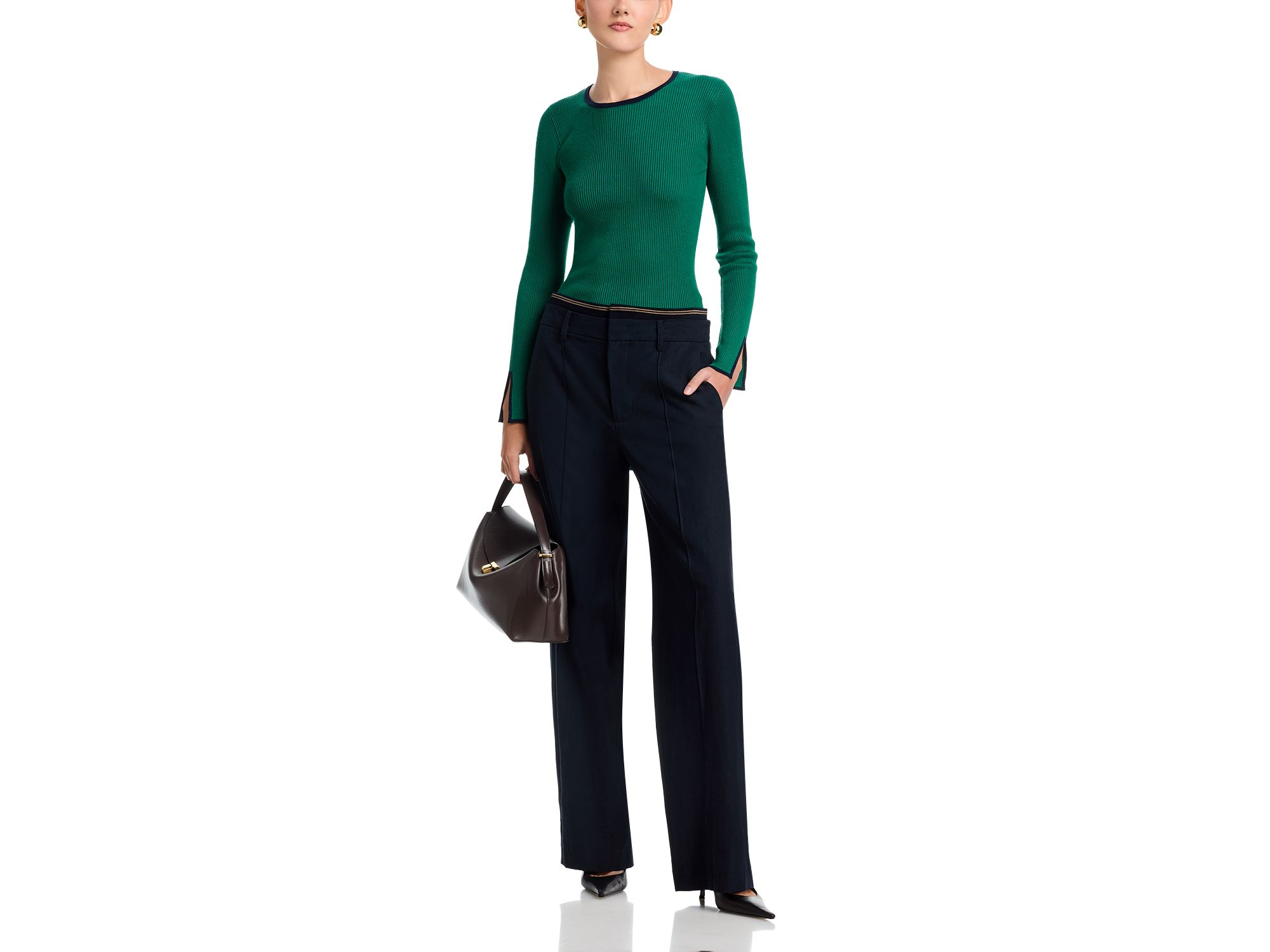 Long Bell Sleeved Rib Contrast Tipping Crewneck Pullover Sweater — Image 4