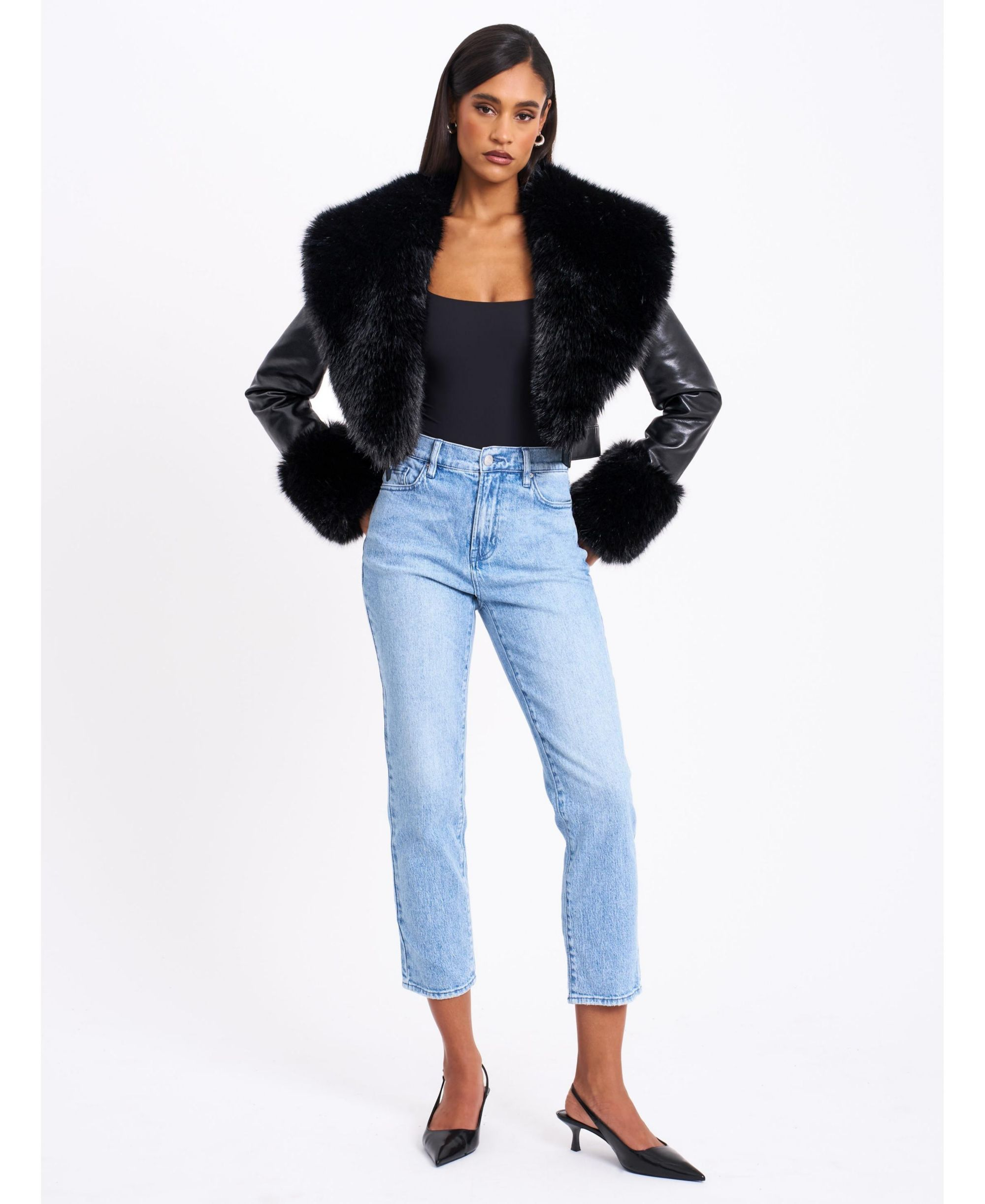 Ziah Cropped Faux Leather Jacket with Fur Collar — Image 6