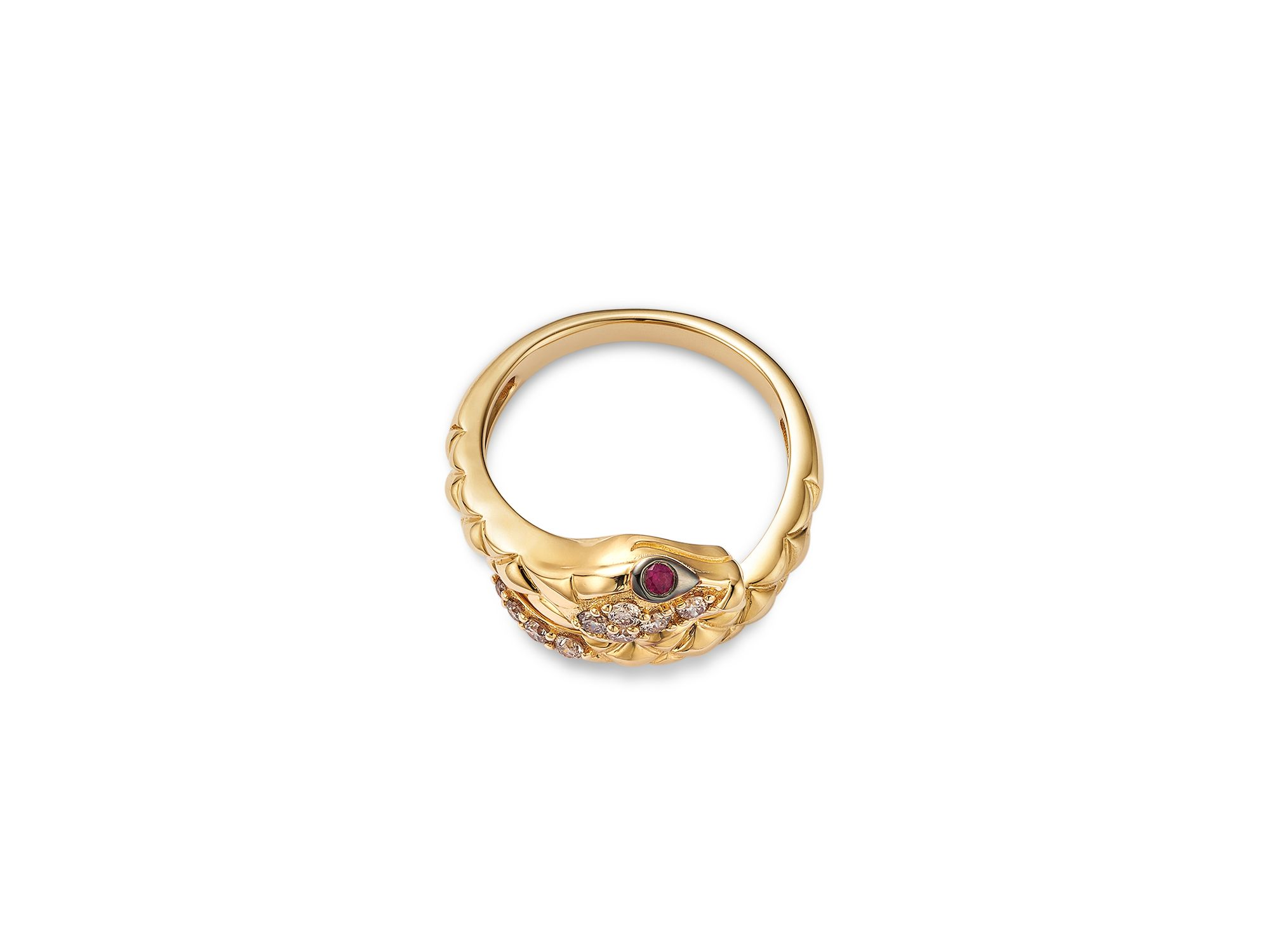 Champagne Diamond & Ruby Textured Snake Ring in 14K Yellow Gold — Image 3