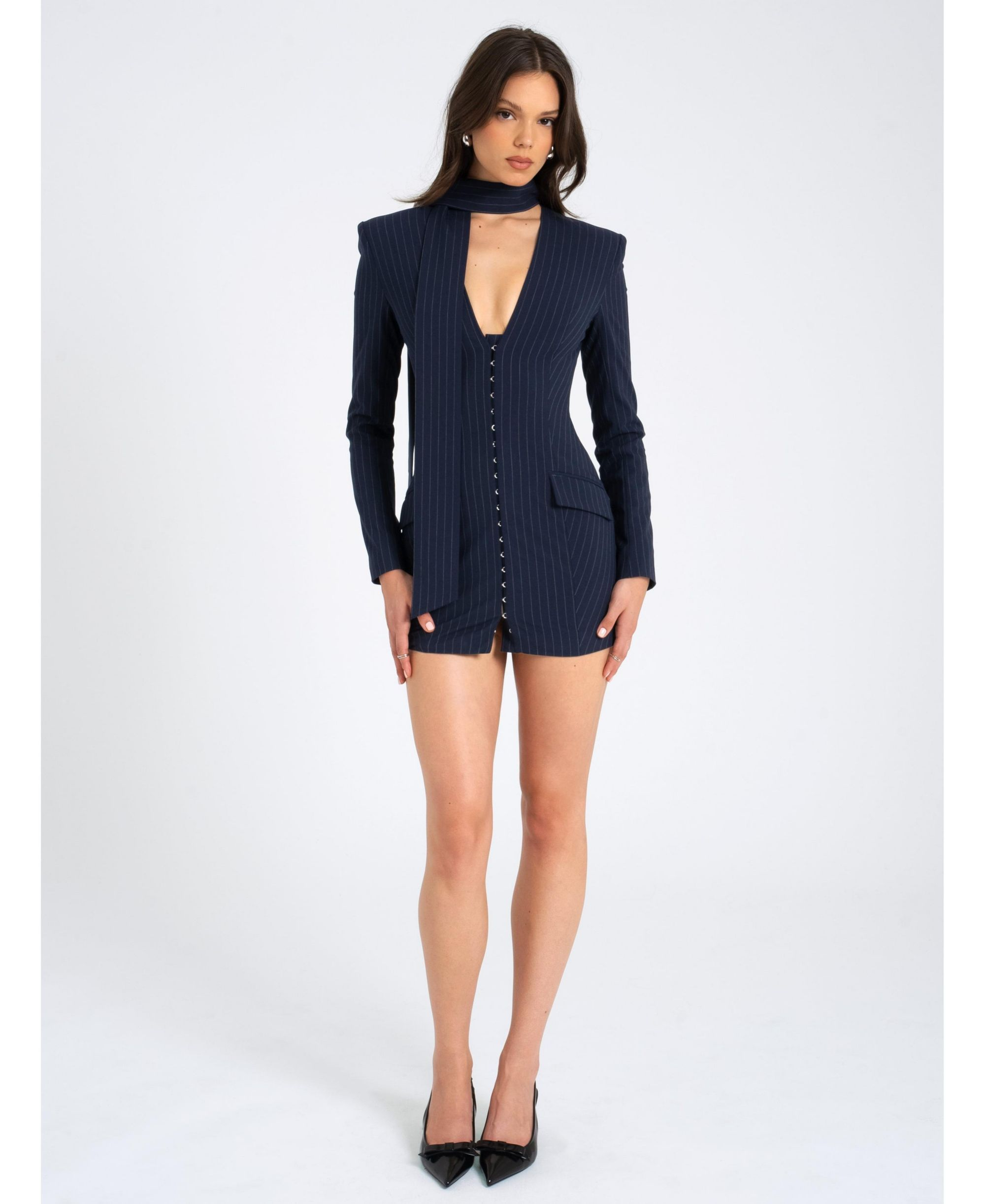 Tahlia Deep V Pinstripes Scarf Collar Blazer Dress — Image 10