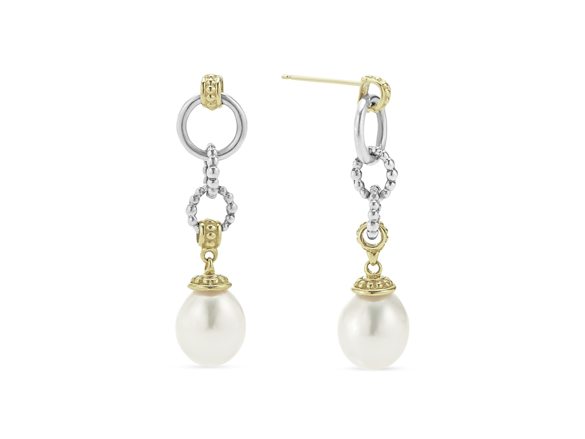 18k Gold & Sterling Silver Two Tone Luna Cultured Pearl Circle Drop Earrings — Image 3