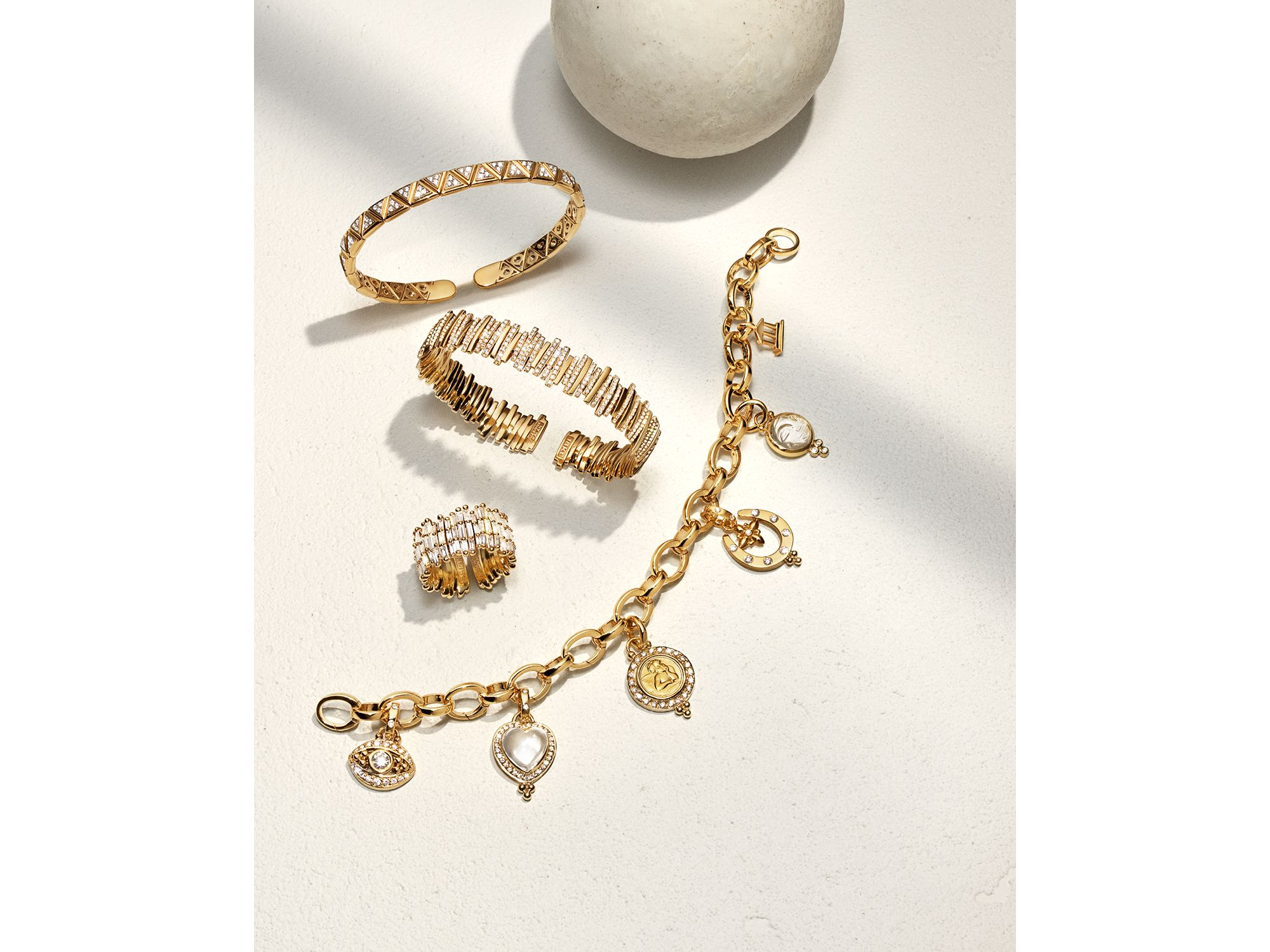 18K Yellow Gold Small Carved Crystal Moonface Pendant with Diamonds — Image 3