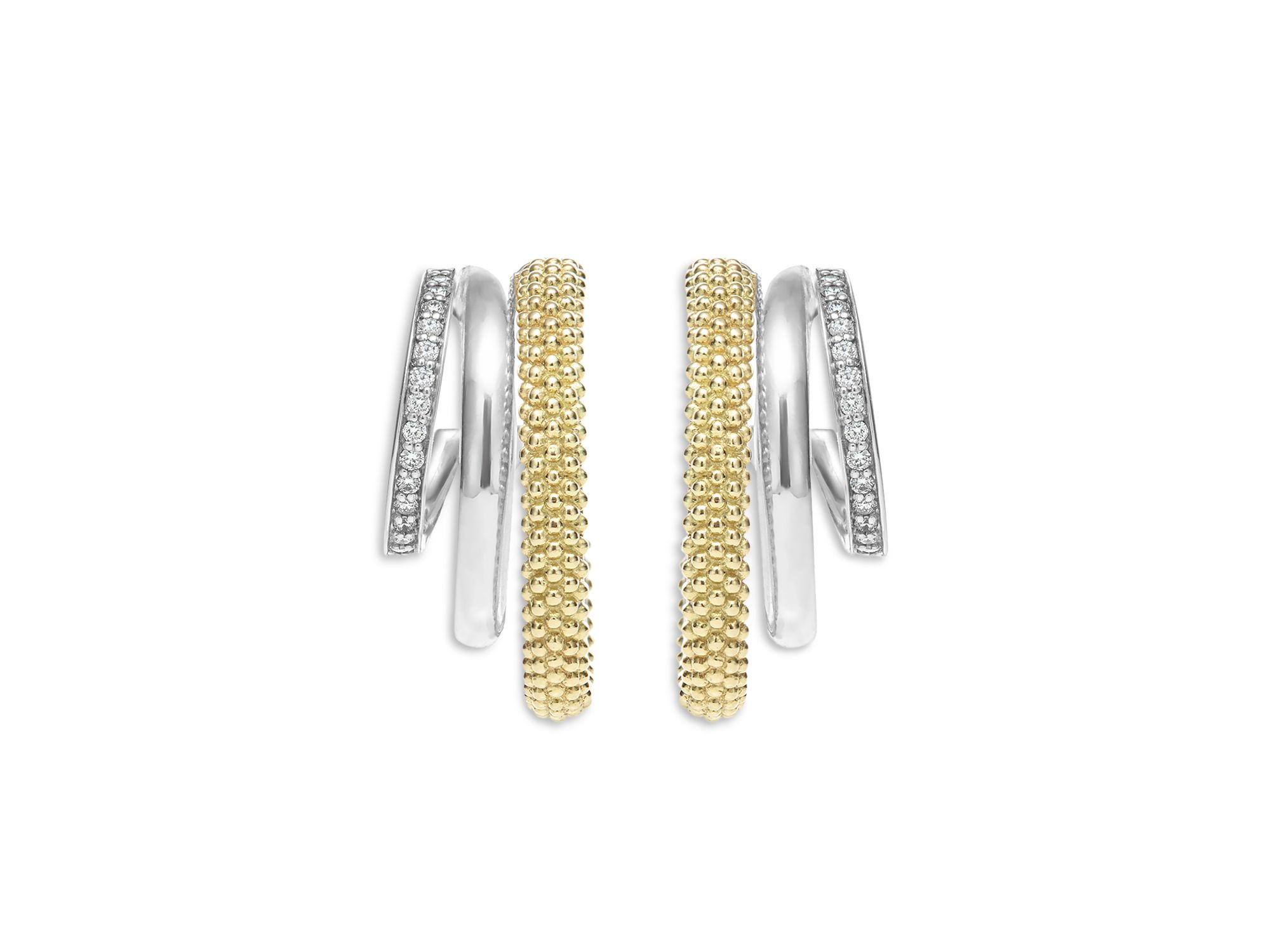 Two Tone Caviar Lux Three Ring Diamond Hoop Earrings, 0.16 tcw — Image 3
