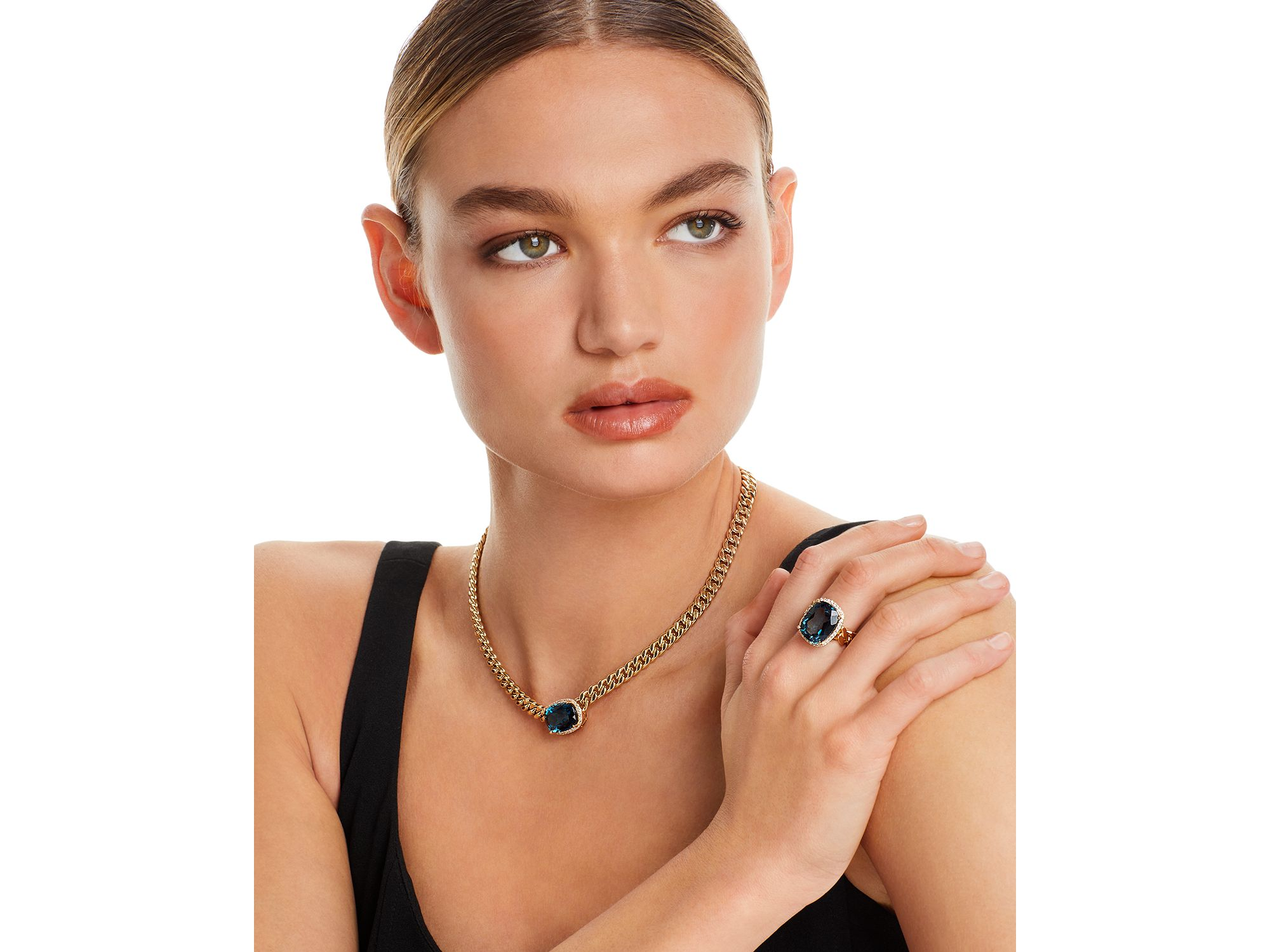 Blue Topaz & Diamond Bold Chain Link Statement Necklace in 14K Yellow Gold, 17" — Image 3