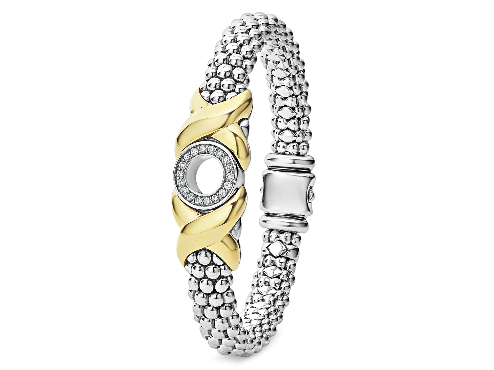 18K Yellow Gold & Sterling Silver Embrace Diamond XO Caviar Bead Link Bracelet — Image 3