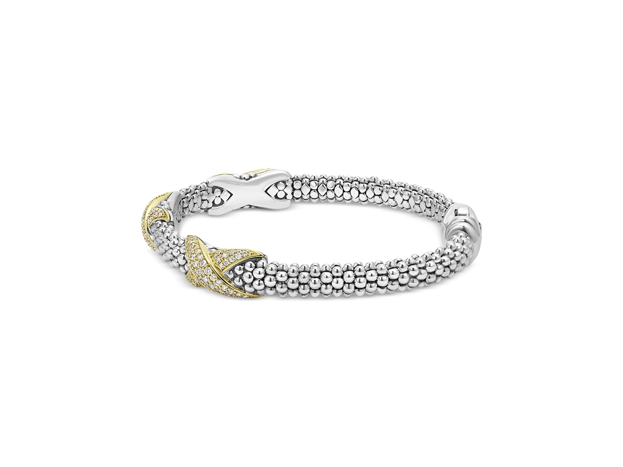 18K Yellow Gold & Sterling Silver Embrace Diamond Pavé X Station Caviar Bead Bracelet — Image 4