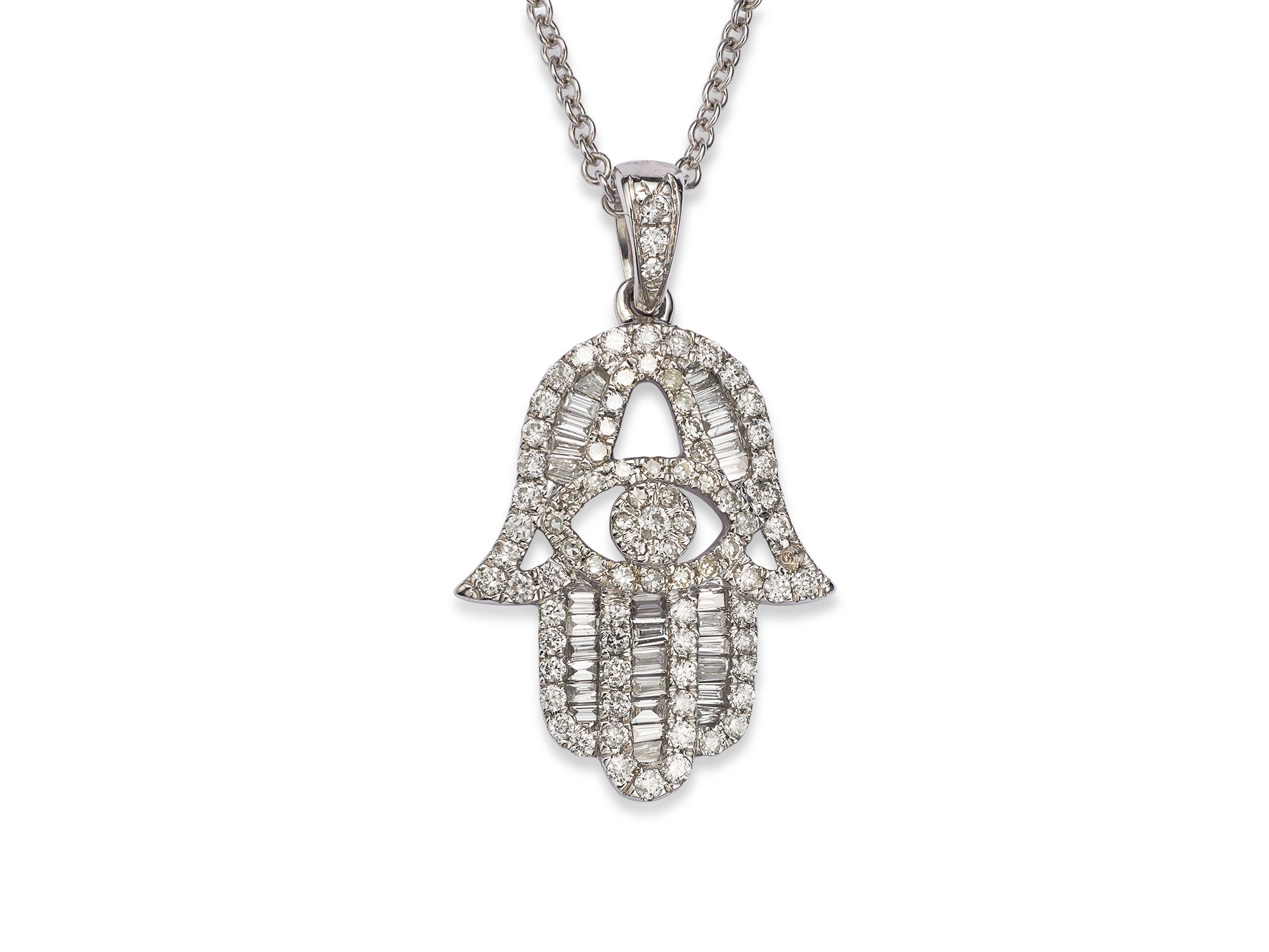 Diamond and Baguette Hamsa Pendant Necklace in 14K White Gold, 0.55 tcw — Image 3