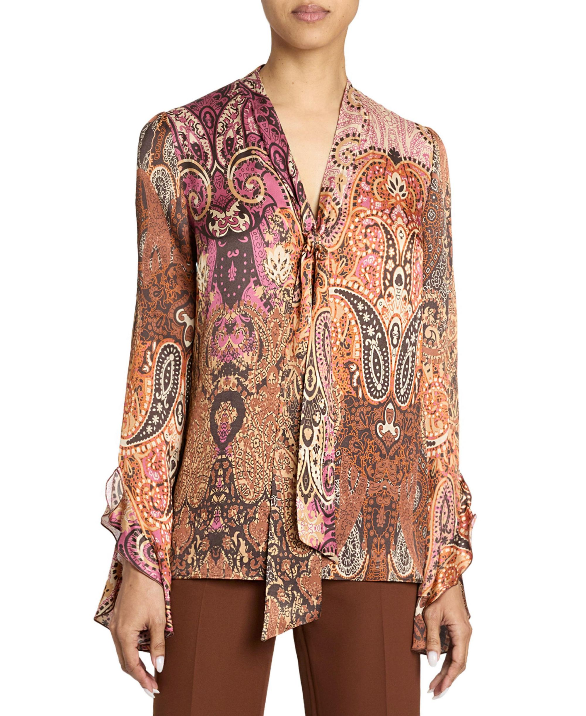 Sienna Long Sleeve Blouse with Neck Tie in Printed Charmeuse - Image 1