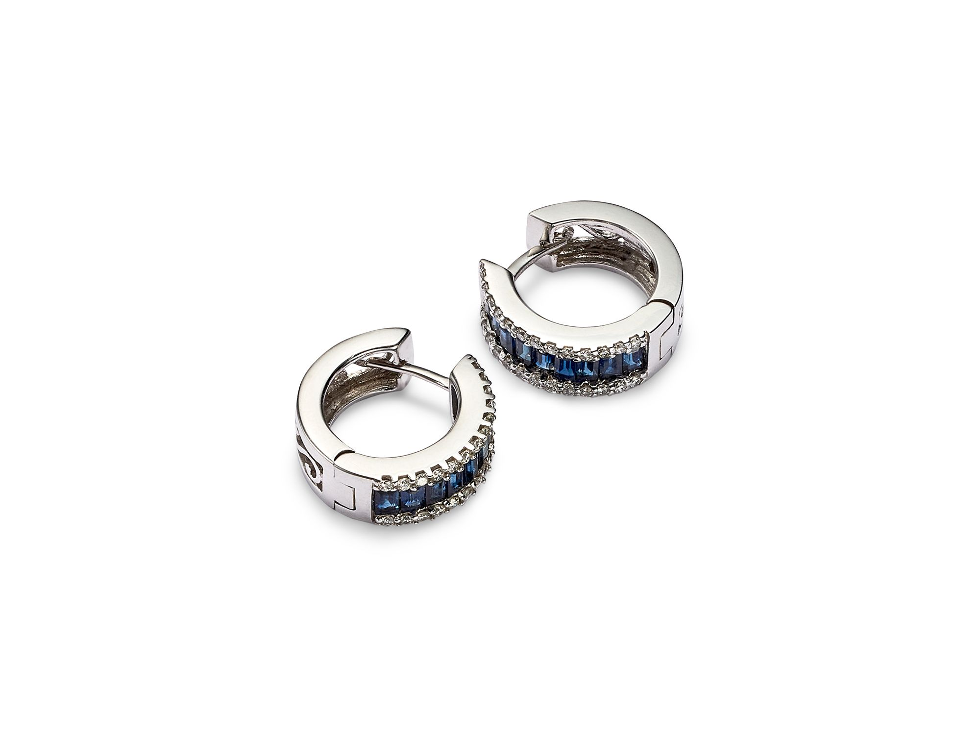 Blue Sapphire and Diamond Hoop Earrings in 14K White Gold — Image 4