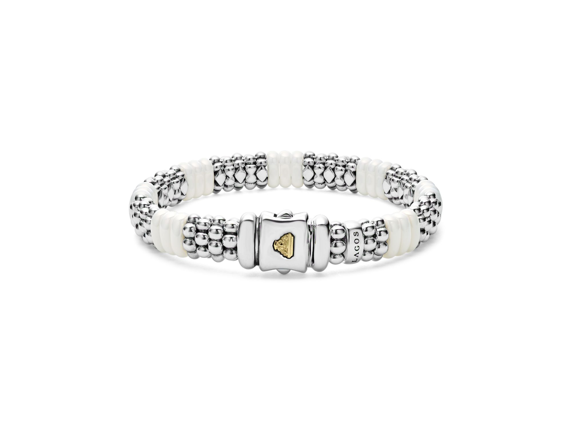 18K Yellow Gold & Sterling Silver White Ceramic Rondelle & Caviar Bead Statement Bracelets — Image 4