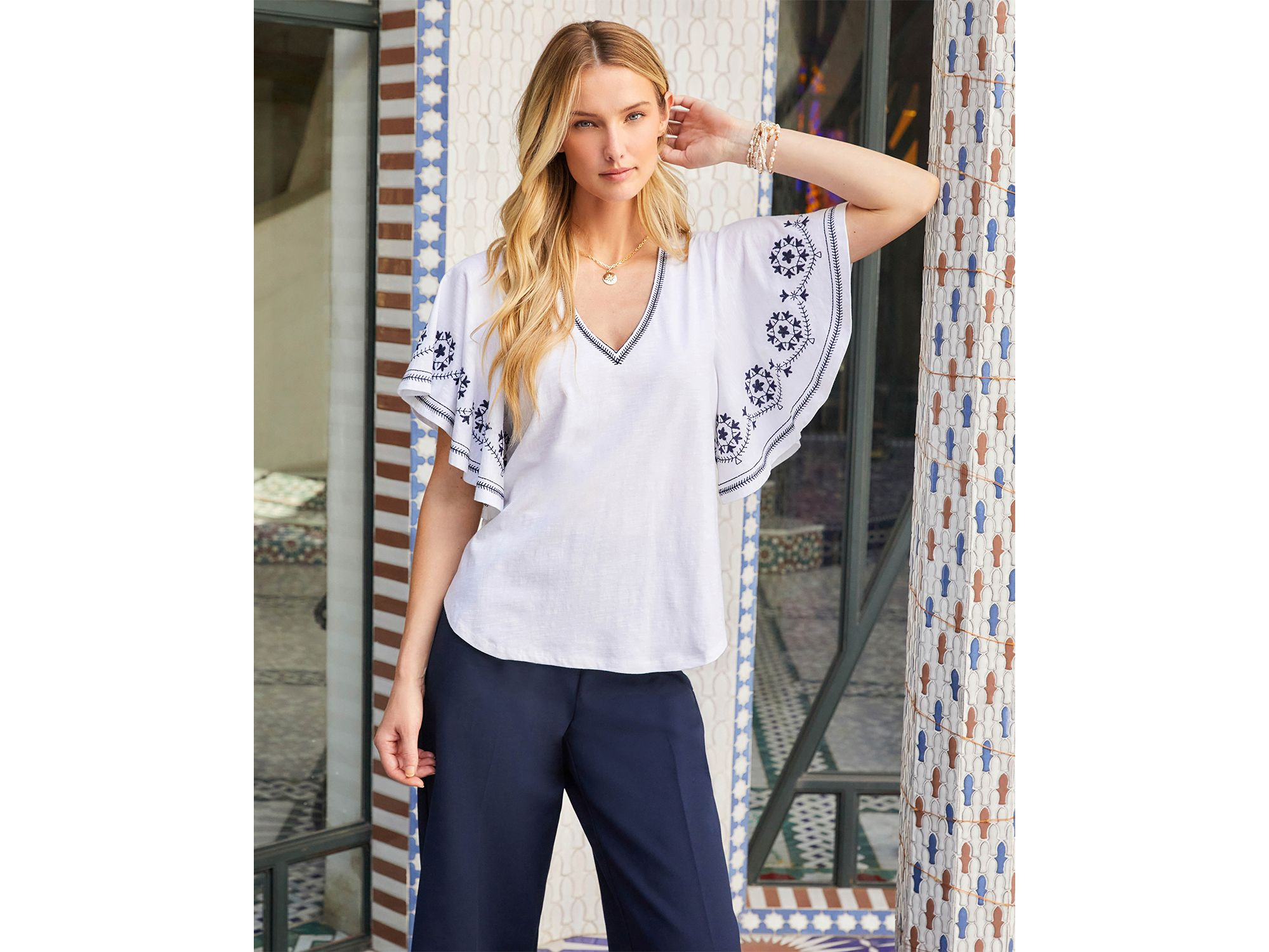 Embroidered Flutter Sleeve Top — Image 3