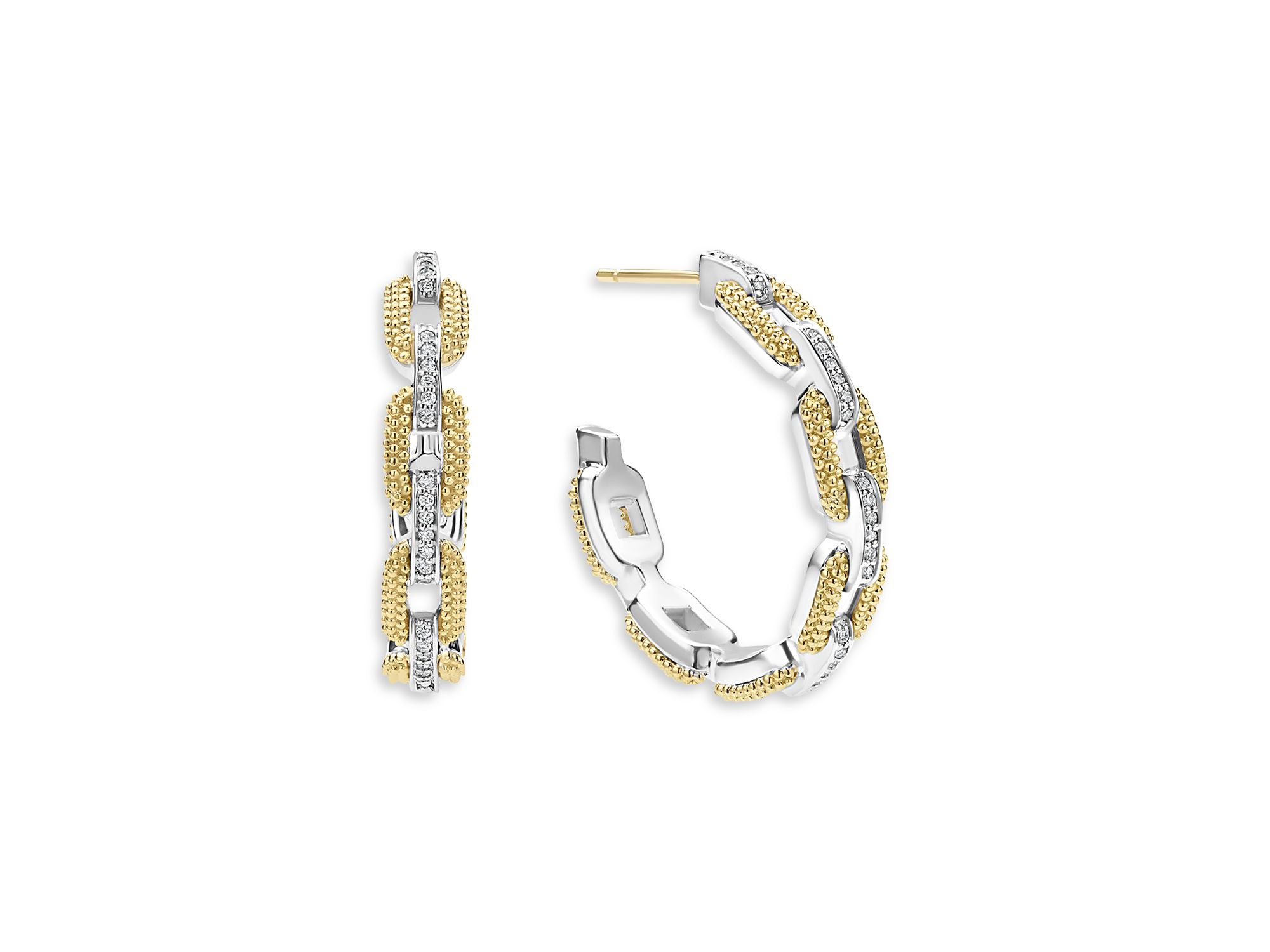 18K Yellow Gold & Sterling Caviar Lux Diamond Link Hoop Earrings - Exclusive — Image 3