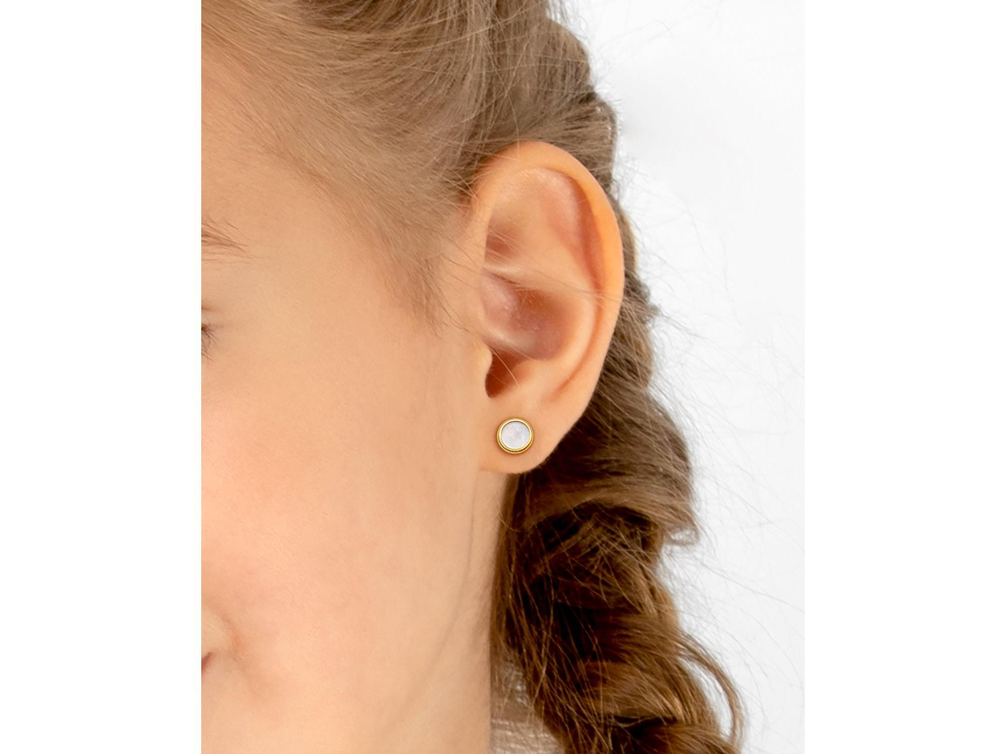 Girls' 14K Gold Genuine Shimmer Mother of Pearl Round Studs Screw Back Earrings — Image 3