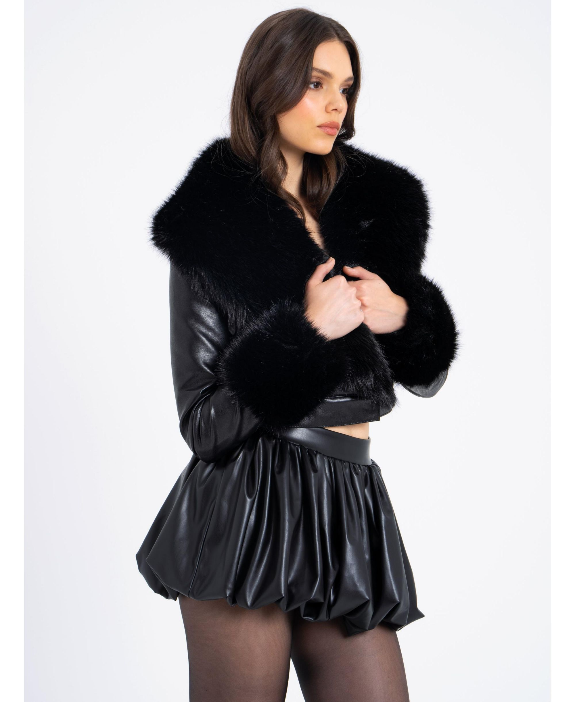 Ziah Cropped Faux Leather Jacket with Fur Collar — Image 5