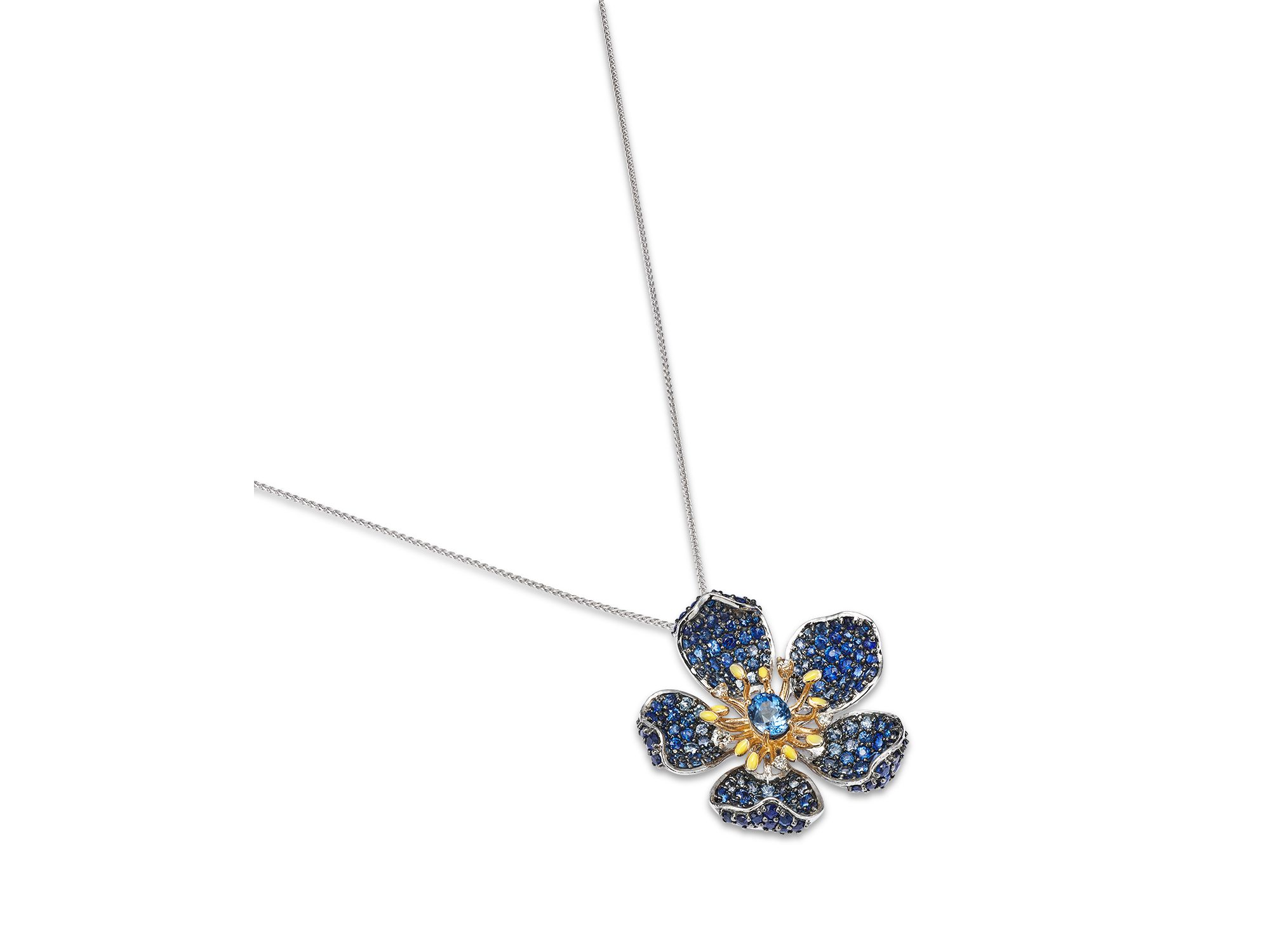 Sapphire & Diamond Flower Pendant Necklace in 14K Yellow & White Gold, 18" — Image 3
