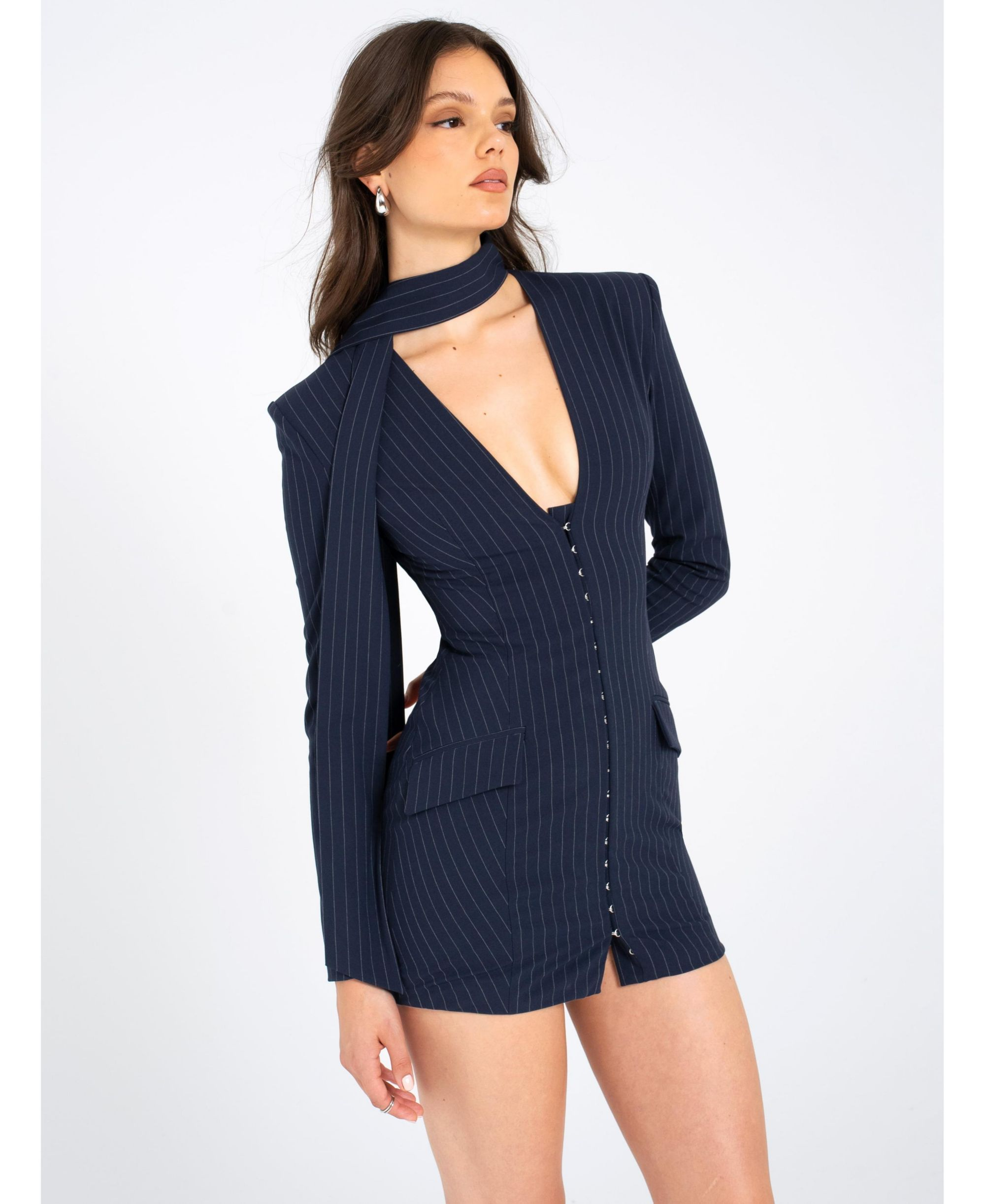 Tahlia Deep V Pinstripes Scarf Collar Blazer Dress — Image 4