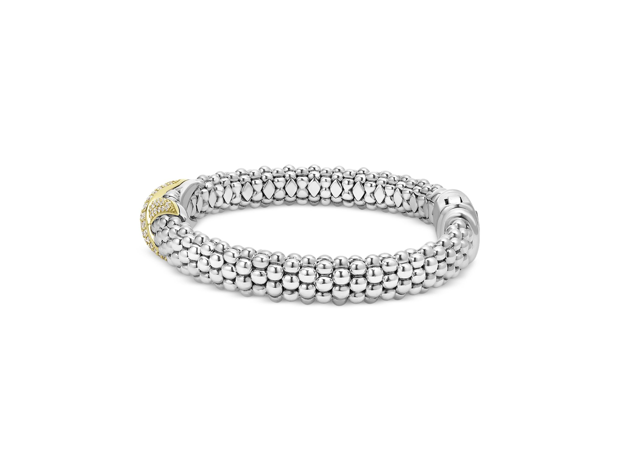 18K Yellow Gold & Sterling Silver Embrace Diamond Pavé X Caviar Bead Bracelet — Image 4