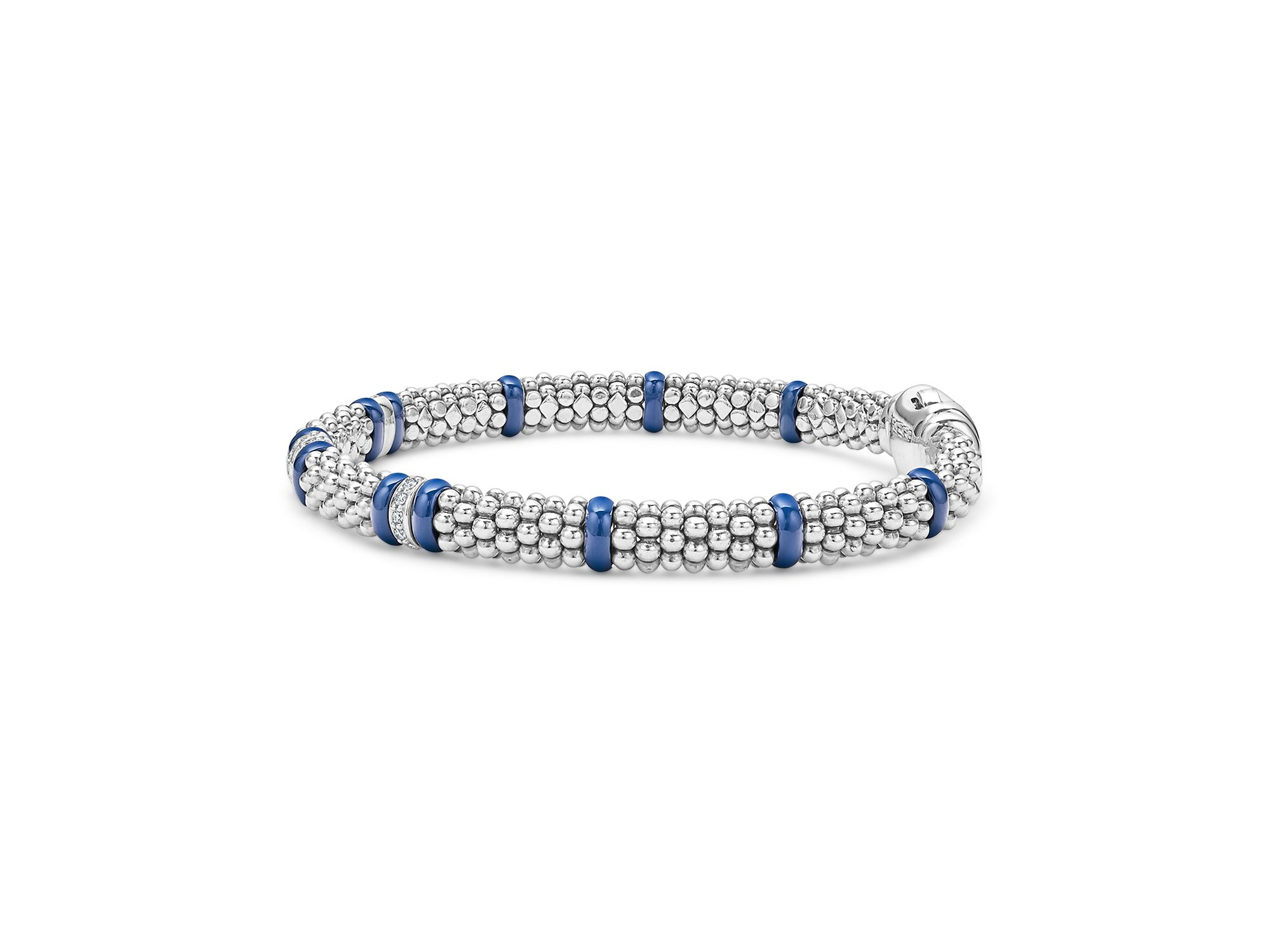 Four Station Diamond Blue Caviar Bracelet in Sterling Silver — Image 4