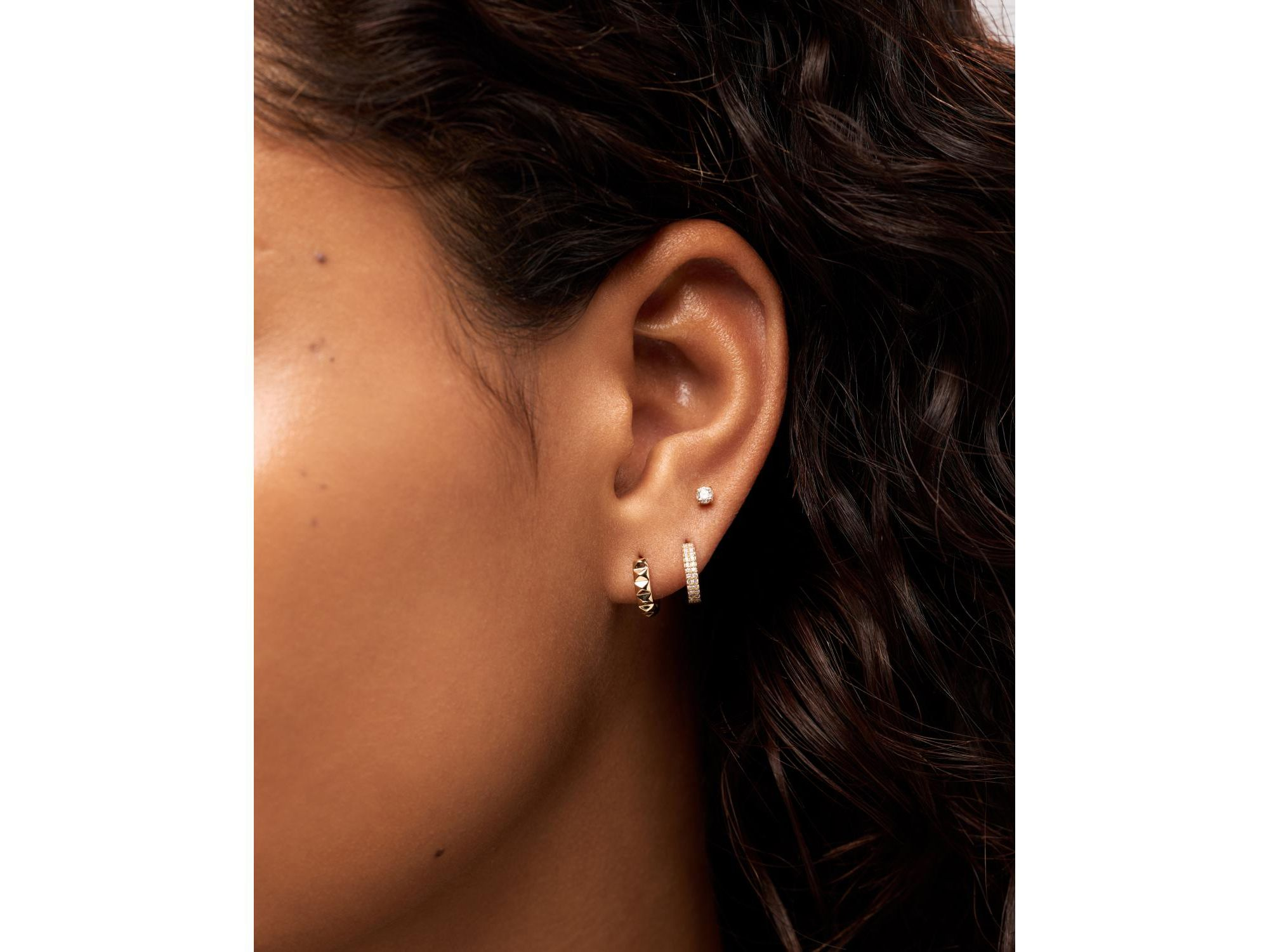 Solid Yellow Gold Pyramid Huggie Hoops Earrings — Image 3