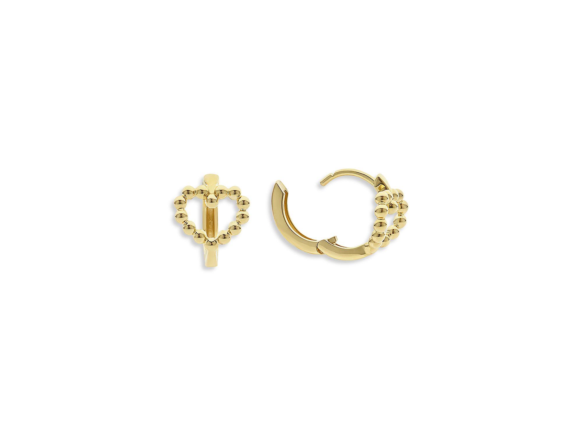 18K Yellow Gold Caviar Gold Beaded Heart Huggie Hoop Earrings — Image 4