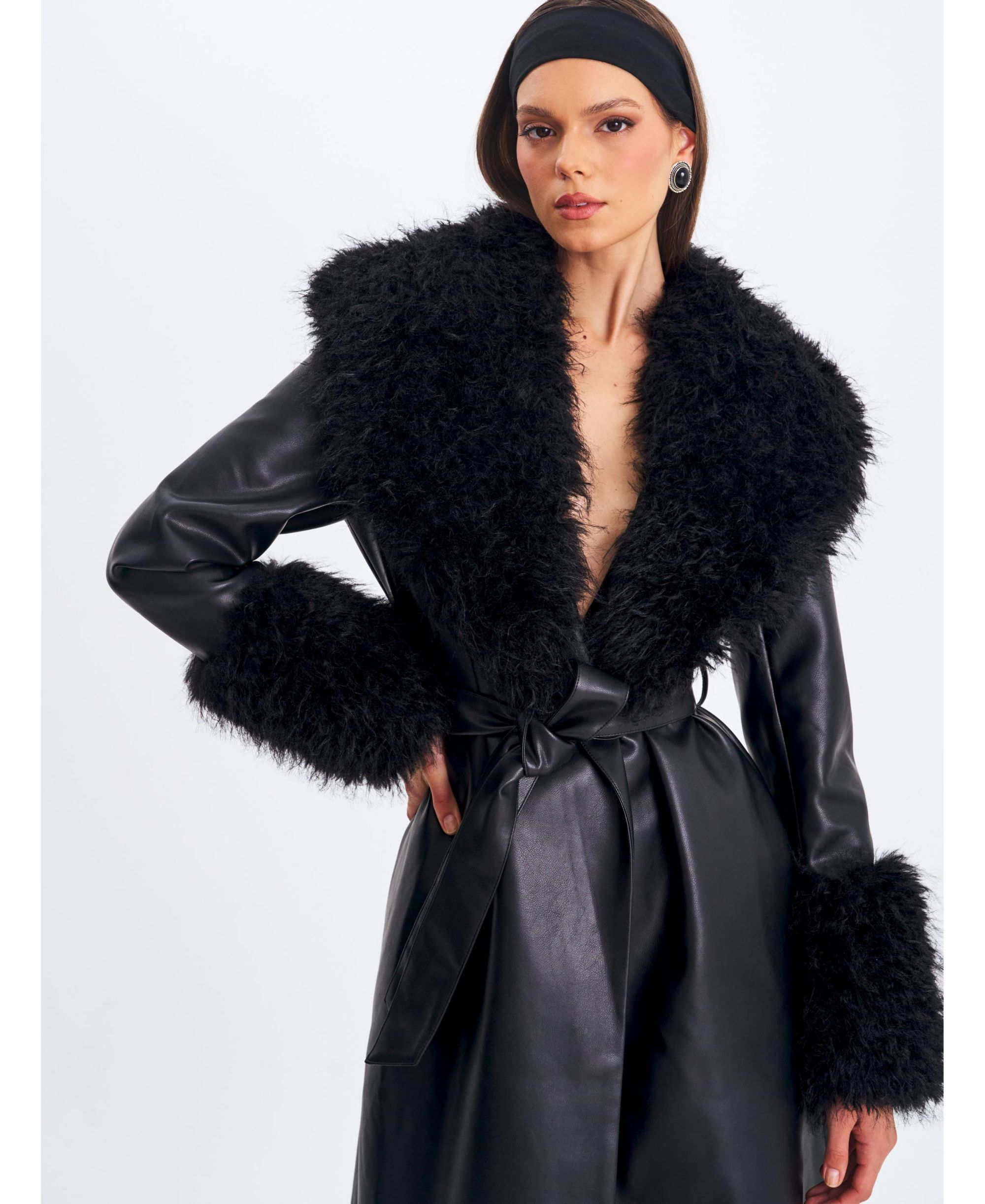 Zariah Faux Fur Trimmed Longline Faux Leather Coat — Image 3