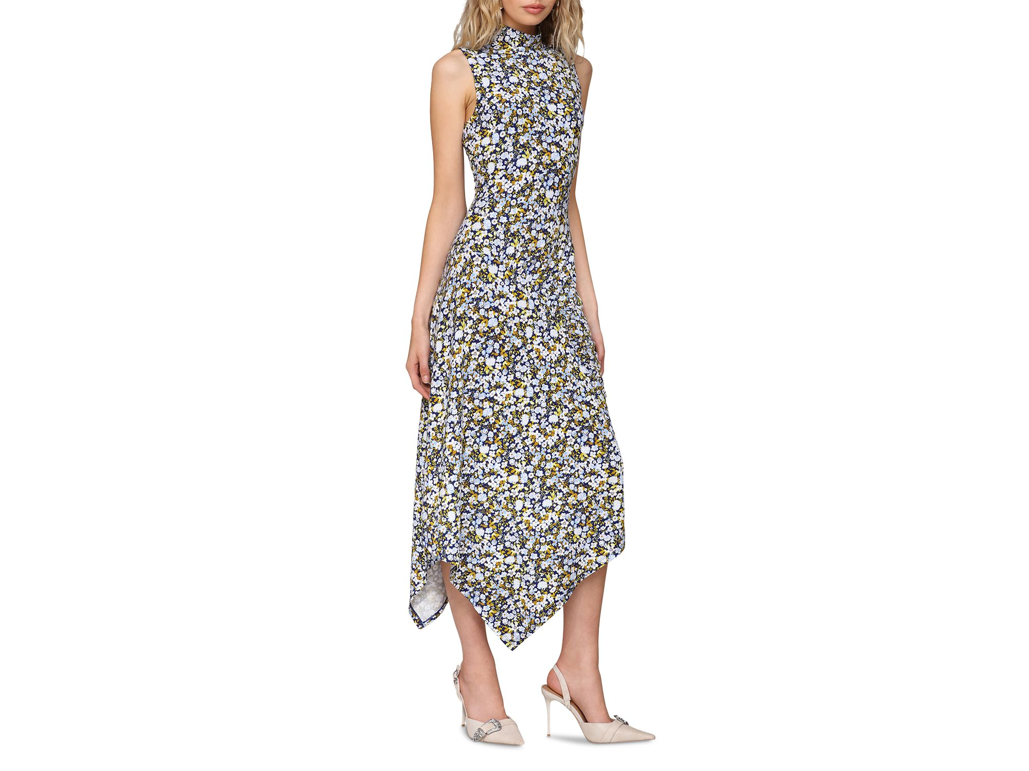 Printed Mock Neck Asymmetric Midi Dress — Image 4