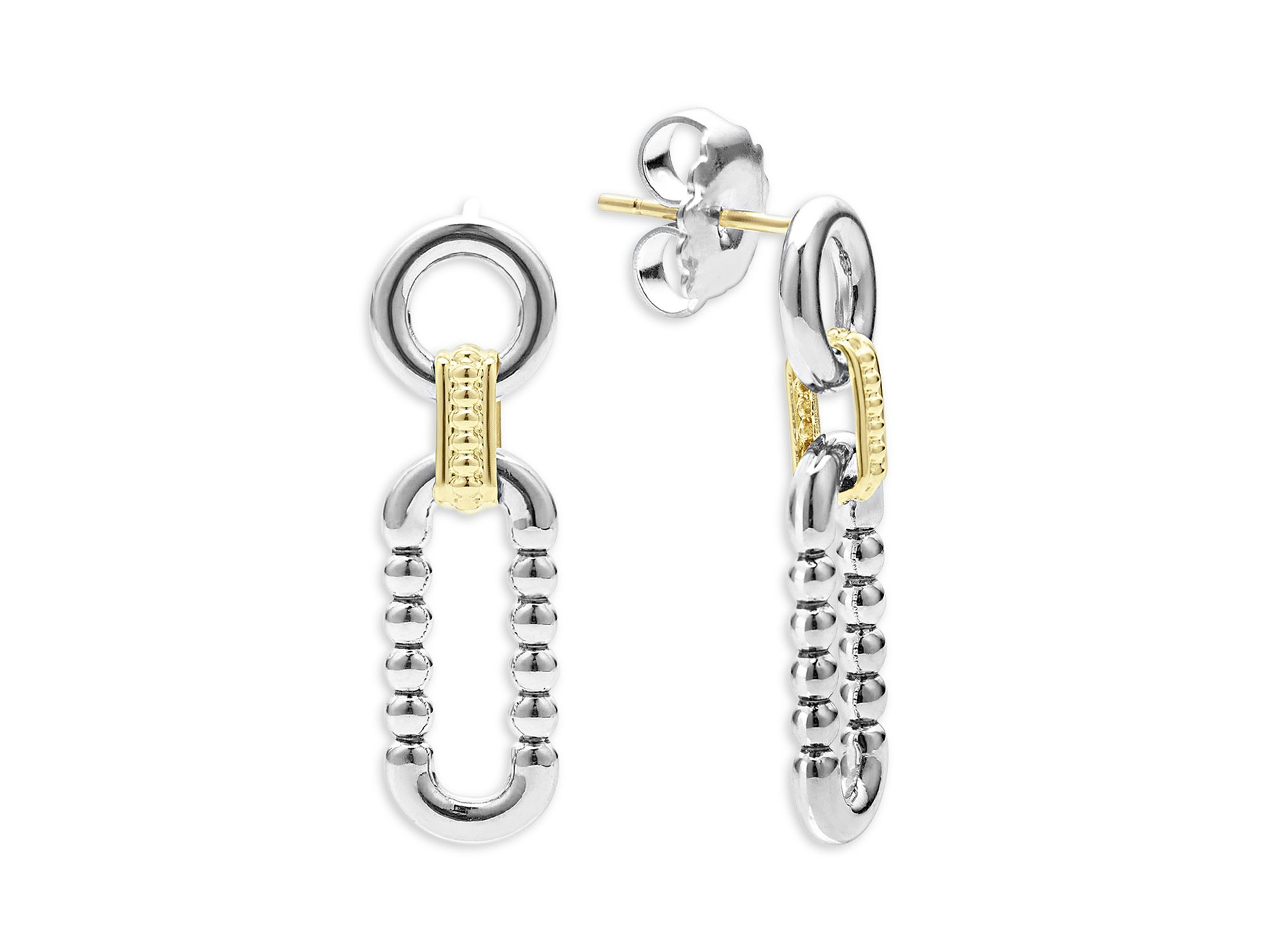 18K Yellow & Sterling Silver Signature Caviar Link Drop Earrings — Image 3
