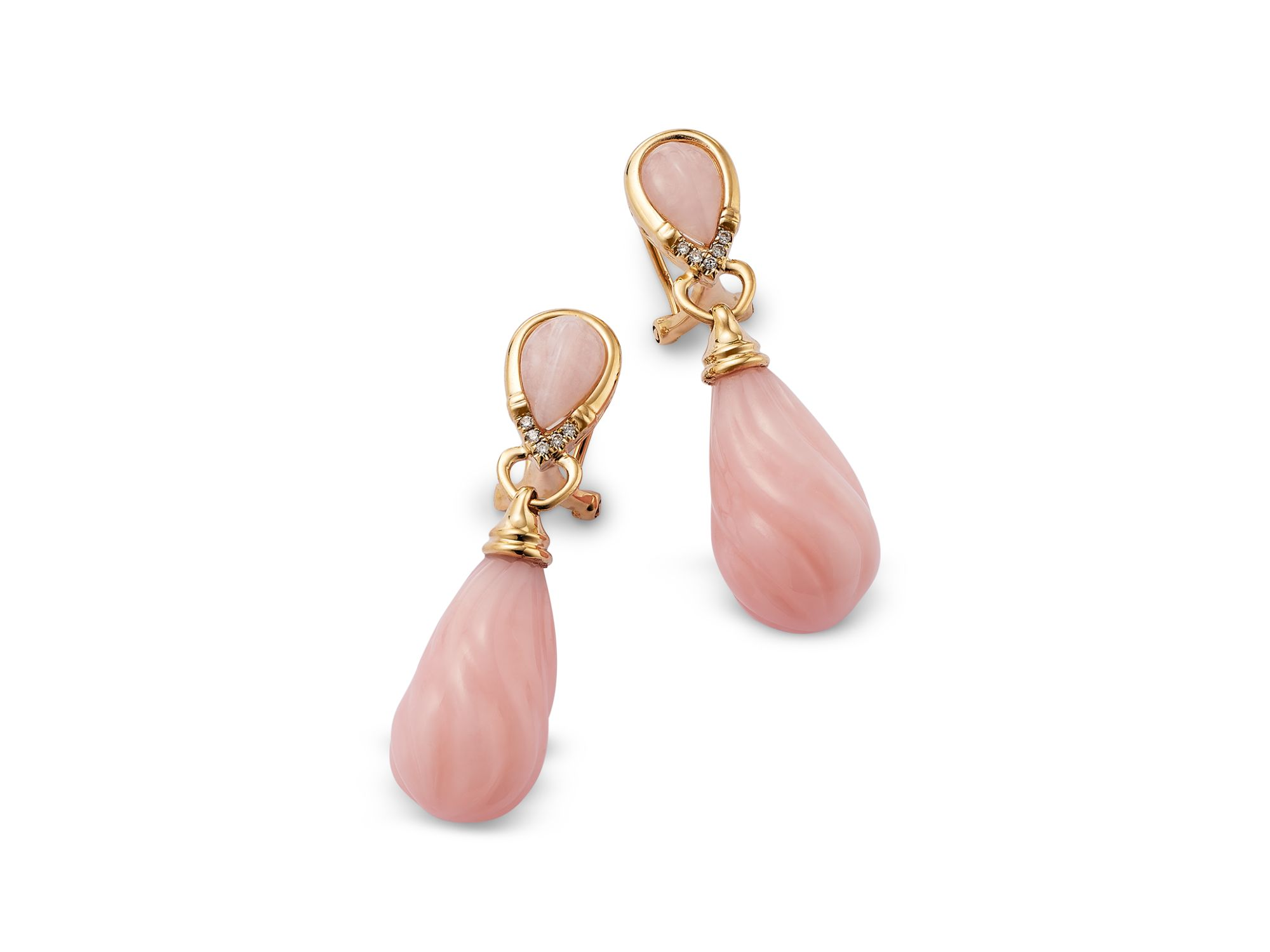 Pink Opal & Diamond Drop Earrings in 14K Yellow Gold — Image 3