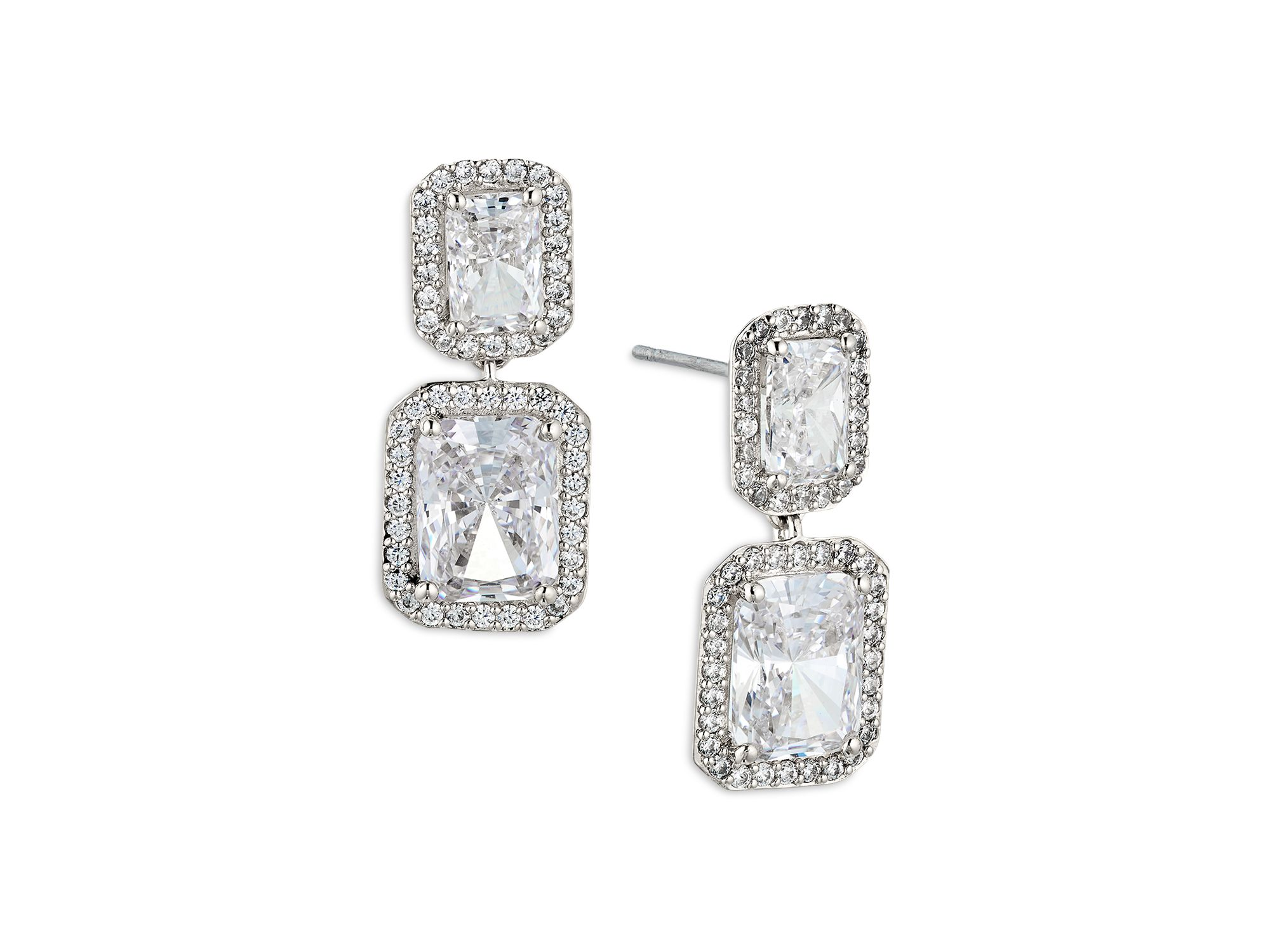 Emerald Cut Halo Drop Earrings in 18K Gold Plated or Rhodium Plated - Image 1