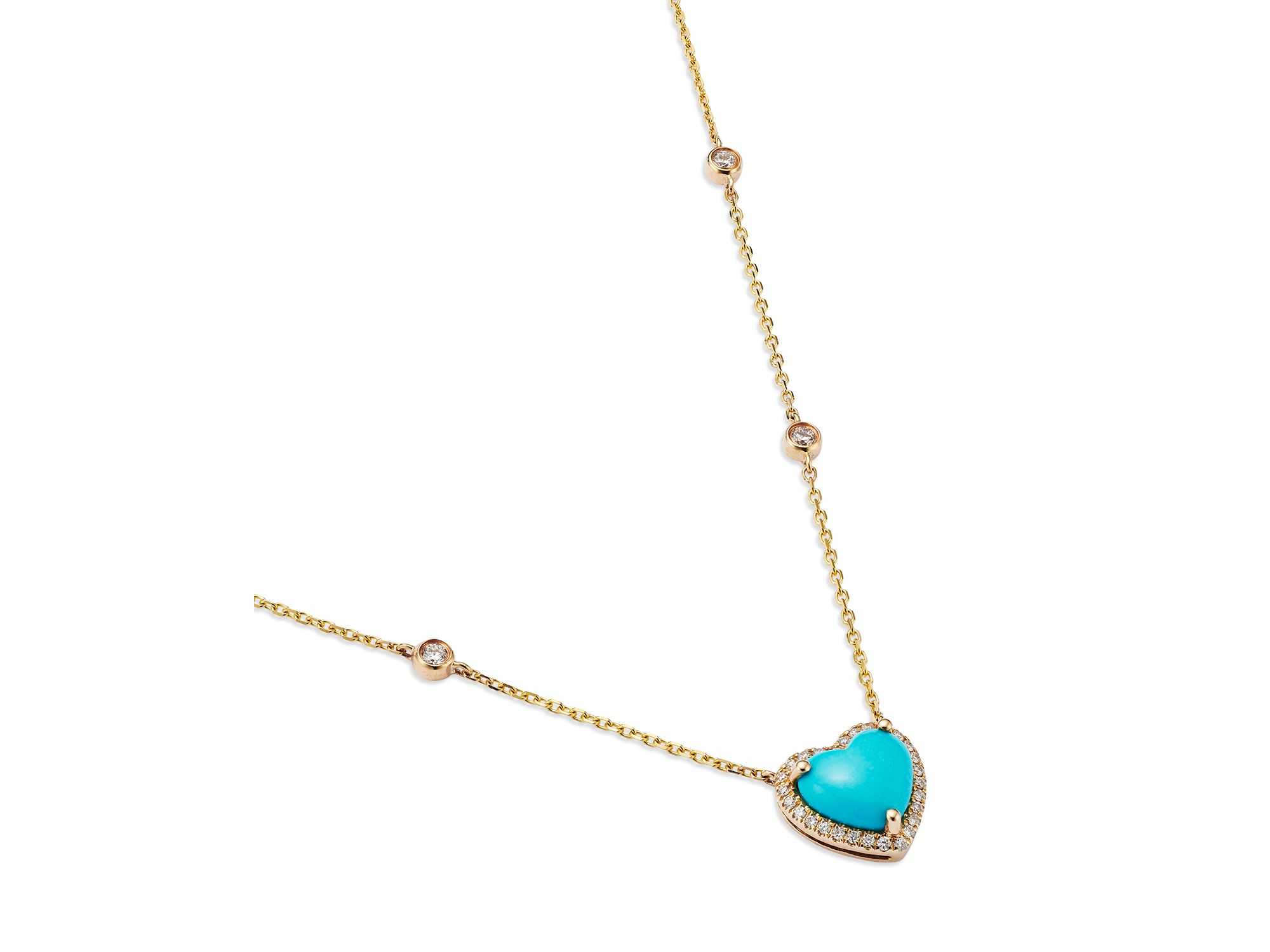 Turquoise & Diamond Heart Pendant Necklace in 14K Yellow Gold, 16-18" — Image 4