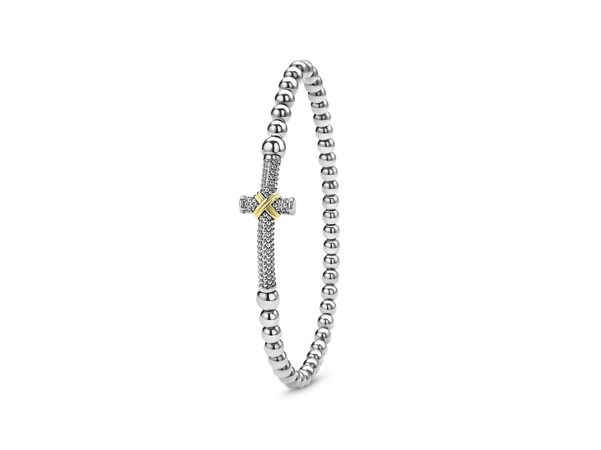 18K Yellow Gold & Sterling Signature Caviar East West Cross Beaded Stretch Bracelet — Image 5