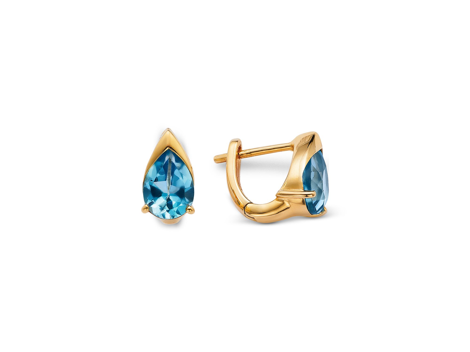 London Blue Topaz Pear Huggie Hoop Earrings in 14K Yellow Gold — Image 3